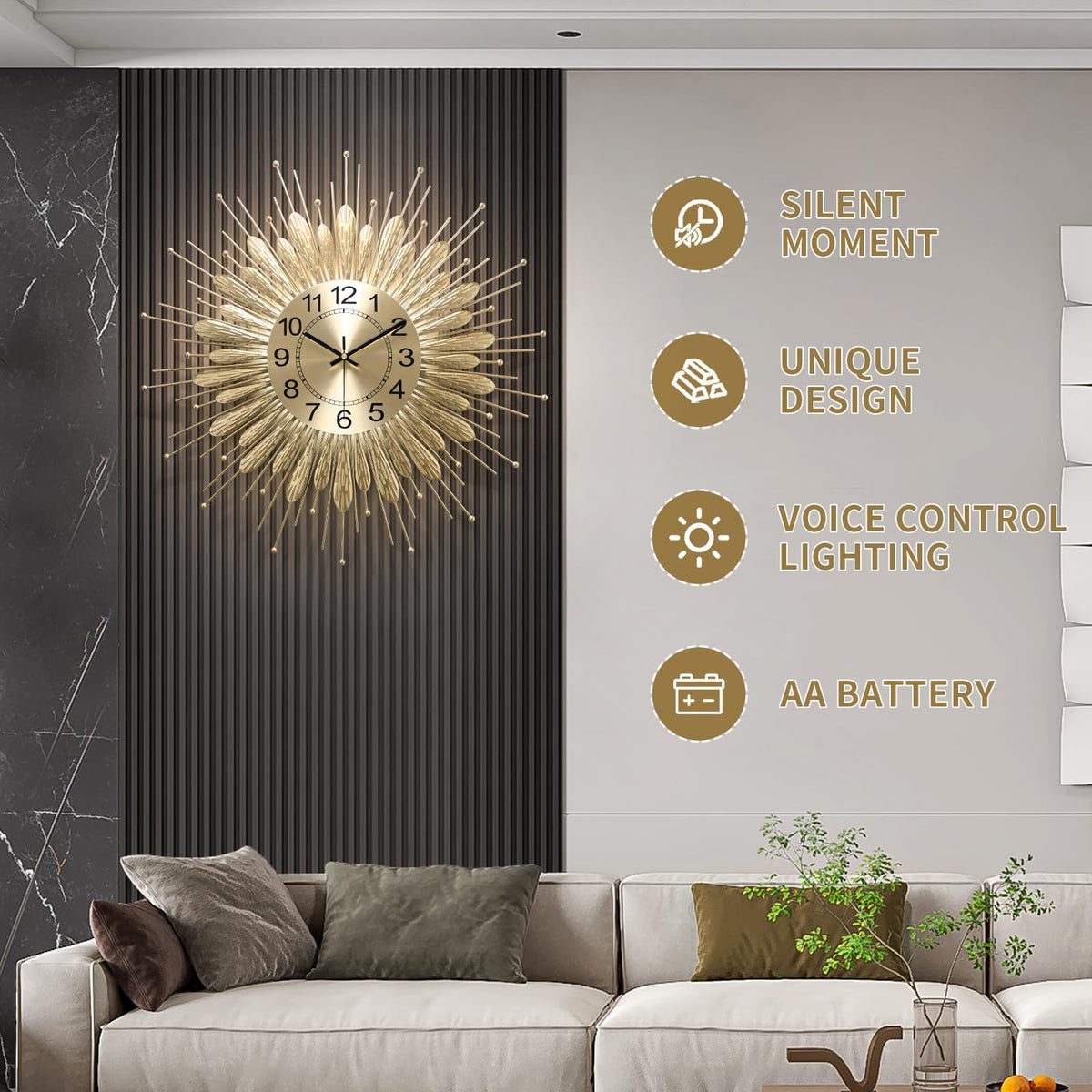 HEBOIX 27" Gold Mid Century Modern Wall Clock，Battery Operated Decorative Decorative Metal Wall Clock for Living Room/Bedroom/Office/Bathroom Wall Art&Clocks