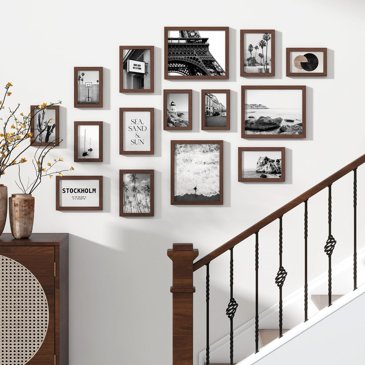 Venusmiles 15 Pack Picture Frames Collage Wall Decor, Gallery Frame Set for Wall Mounting or Tabletop Display, Multi Sizes Including 3pcs 8x10, 6pcs 5x7, 6pcs 4x6, Walnut