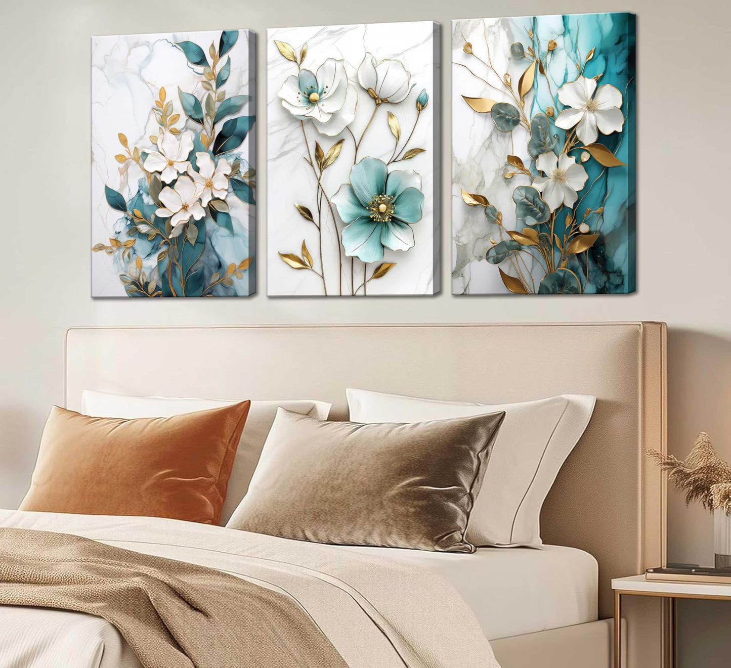 3Pcs White Gold Flower Canvas Wall Art Modern Luxury Blue White Gold Abstract Marble Floral Botanical Painting Picture Wall Decor Poster Print Artwork for Living Room Bedroom Home Decoration