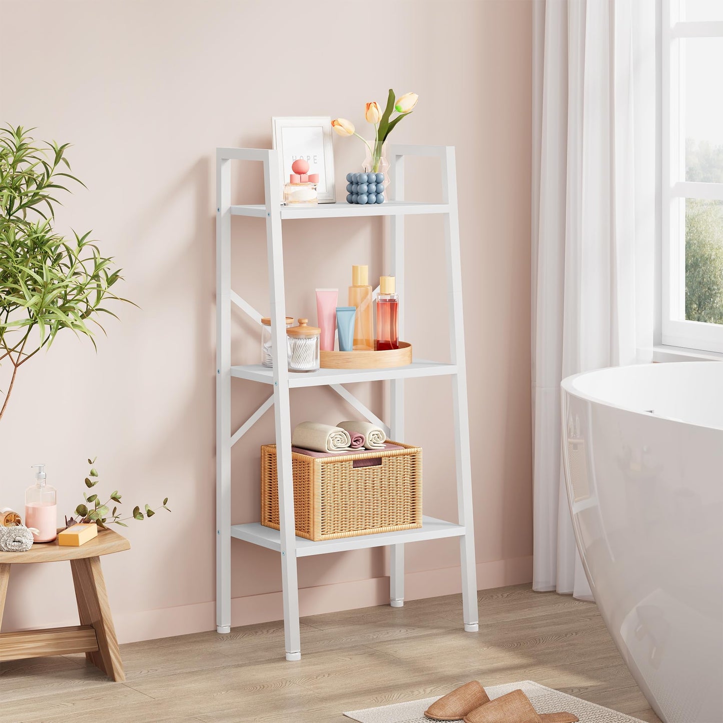 Hoctieon 3-Tier Industrial Ladder Bookshelf, Narrow Ladder Shelf, Tall Standing Bookshelf, Skinny Open Ladder Shelf, for Living Room, Home Office, Kitchen, Bedroom, Metal Frame, White