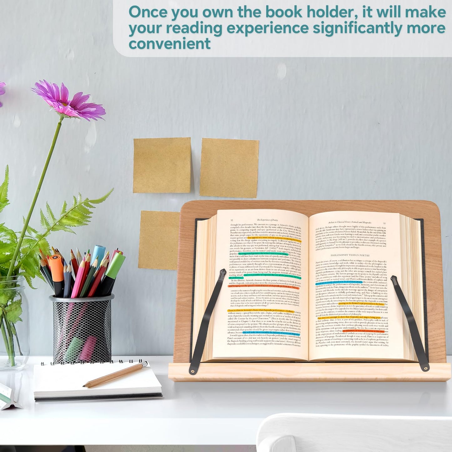 Book Stand for Reading,8 Adjustable Height Holder Tray with Page Clips for Textbook/Cookbook/Music Scores/Tablet/,Lightweight Reading Hands Free Desktop Document Book Mount,Bamboo Holder-Oak Brown