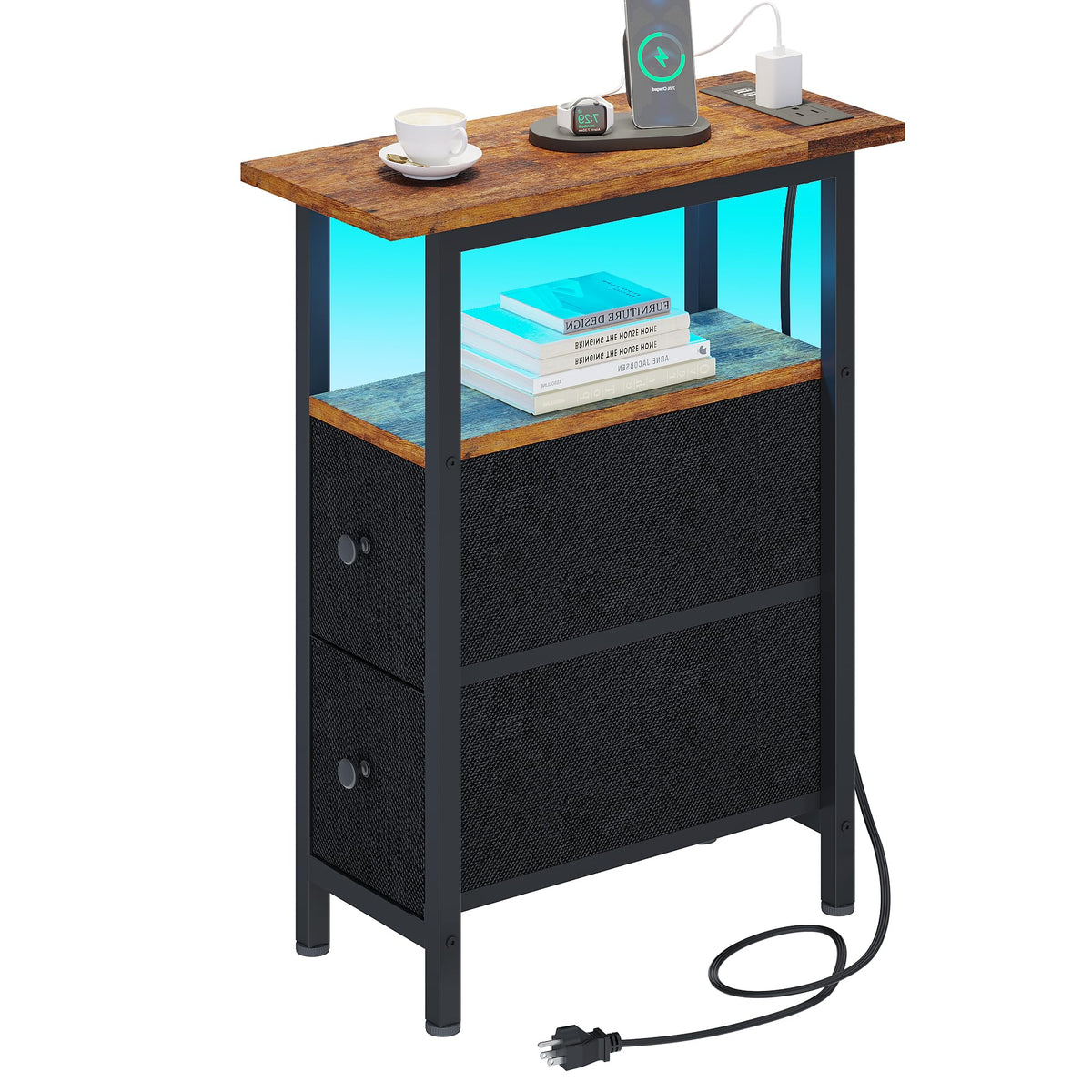 TRIFEBLE End Table with Charging Station, Narrow Side Table with 2 Fabric Drawers, Skinny Nightstand with LED Light, Slim Bedside Table for Bedroom, Living Room, Small Spaces, Rustic Brown and Black