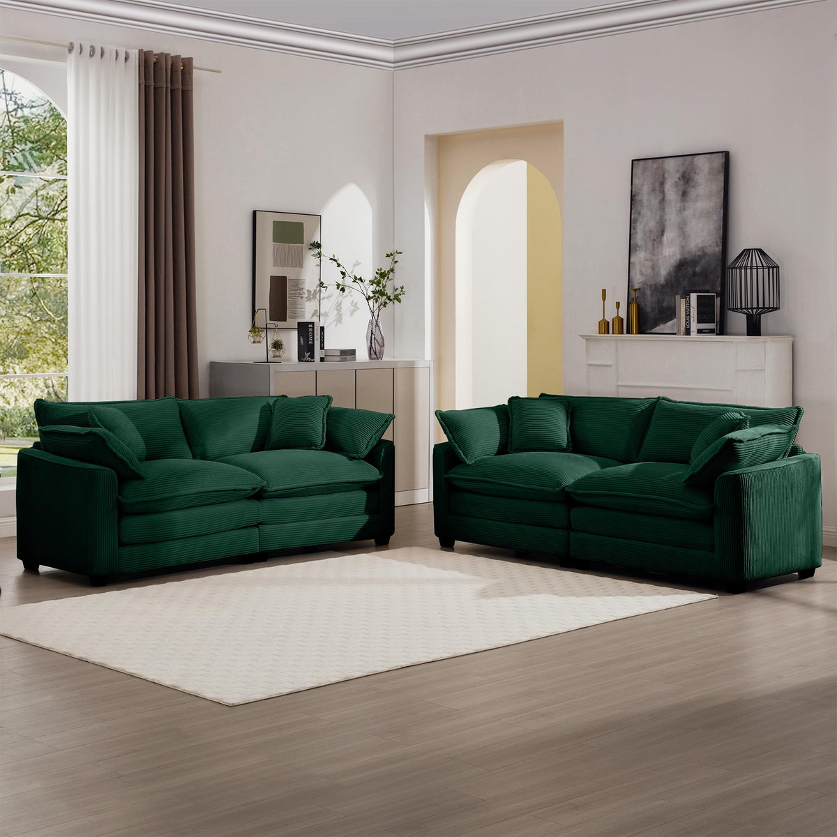 KEIKI 2-Piece Sofa Set with 2 Oversized Corduroy Loveseat Sofa, Upholstered Modern 4-Seater Corner Couch Set with 8 Pillow, High-Density Foam Cushions, Removable Armrests, for Living Room, Green