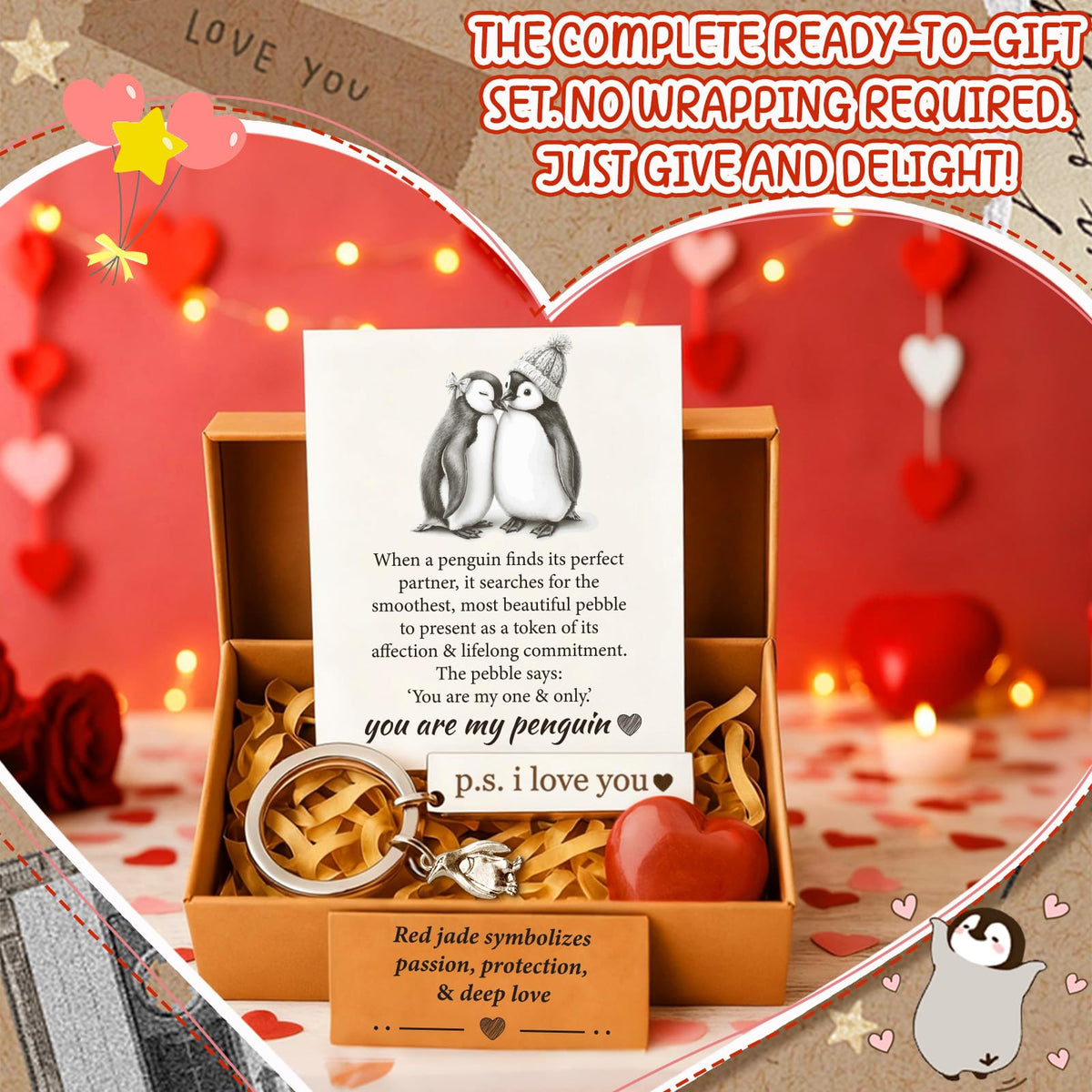 BABYQLO Penguin Gift Box Set - Romantic Anniversary I Love You Presents for Him or Her, Girlfriend, Boyfriend, Fiancee, Wife, Husband - Valentine's Day, Birthday, Engagement & Easter Basket Stuffer