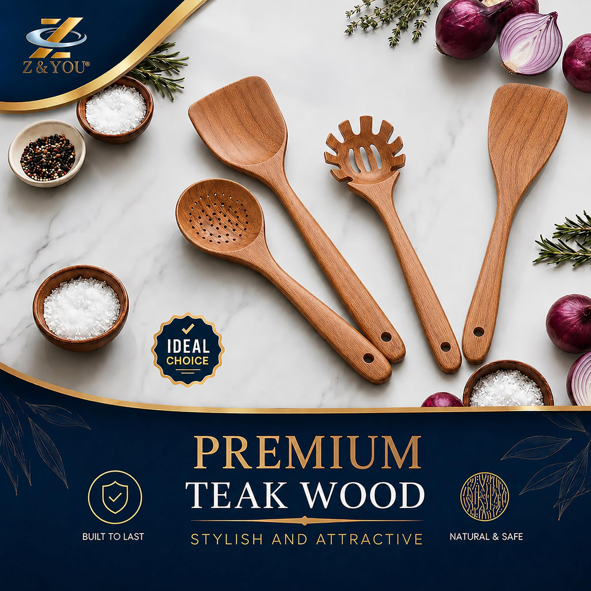 Extra-Large 4-Piece Teak Wooden Utensil Set – Non-Stick Wooden Spatula for Cooking, Skimmer Spoon & Spaghetti Spoon – Non Toxic Cooking Utensils
