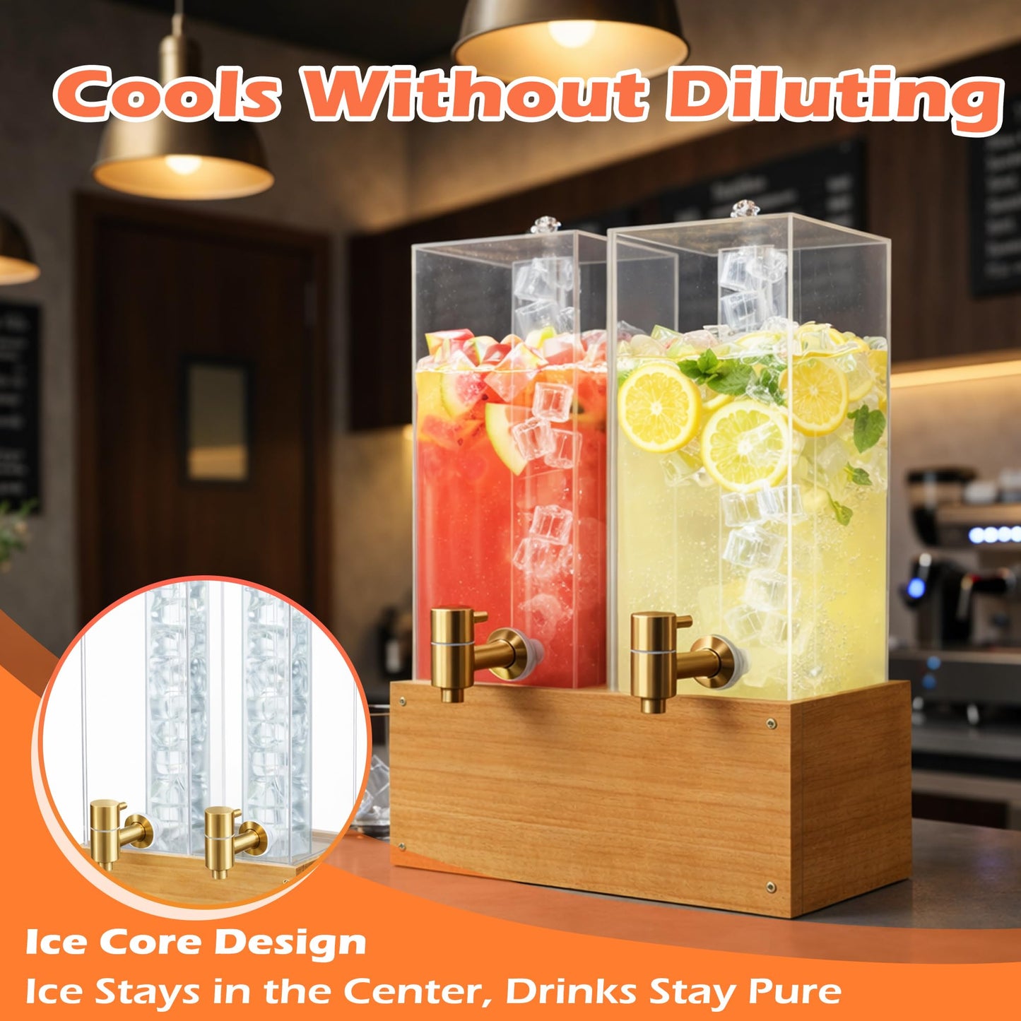 Beverage Dispenser with Stand, 4 Gallon Dual Drink Dispenser Stand, Large Drink Dispenser for Party, Wood Stand