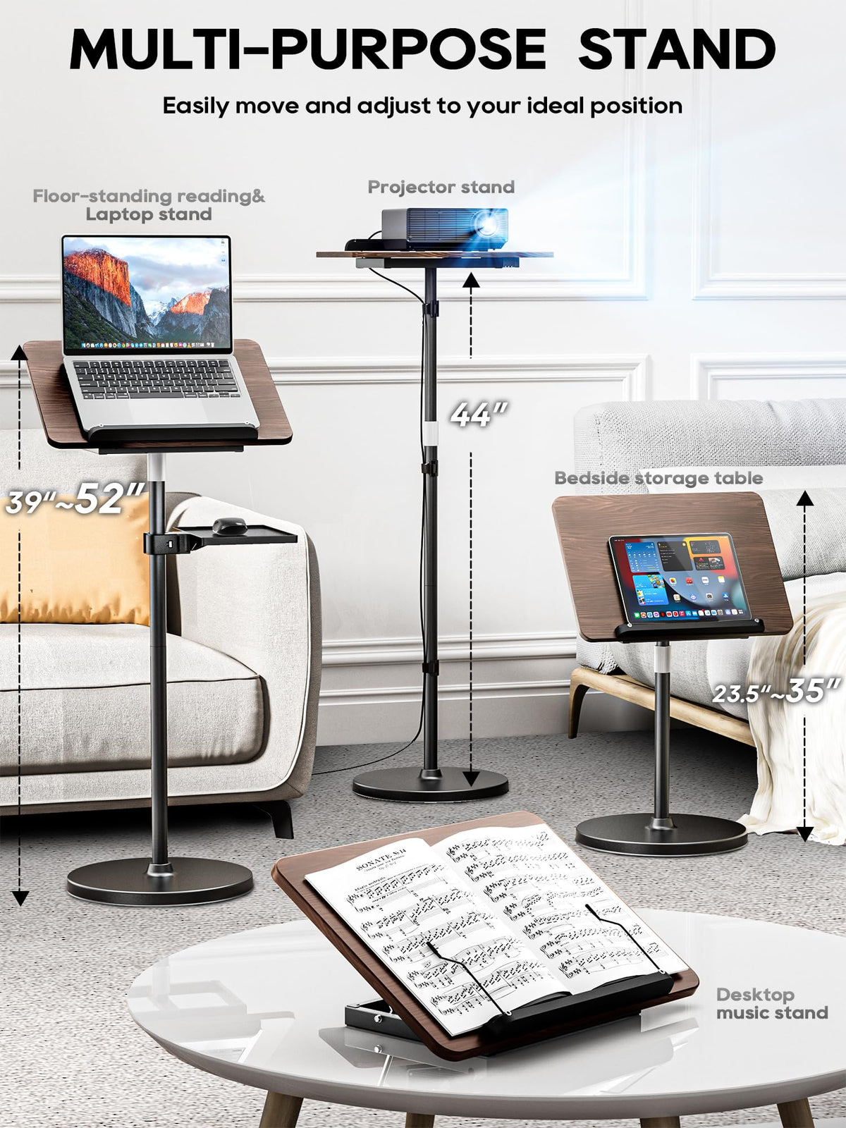 2 in 1 Adjustable Book Stand - Dual-Use Floor and Desktop Book Holder Stand, Height Adjustable 23.5-52 in, Elastic Page Clips for Music Sheet, Recipe, Tablet, Laptop-Black