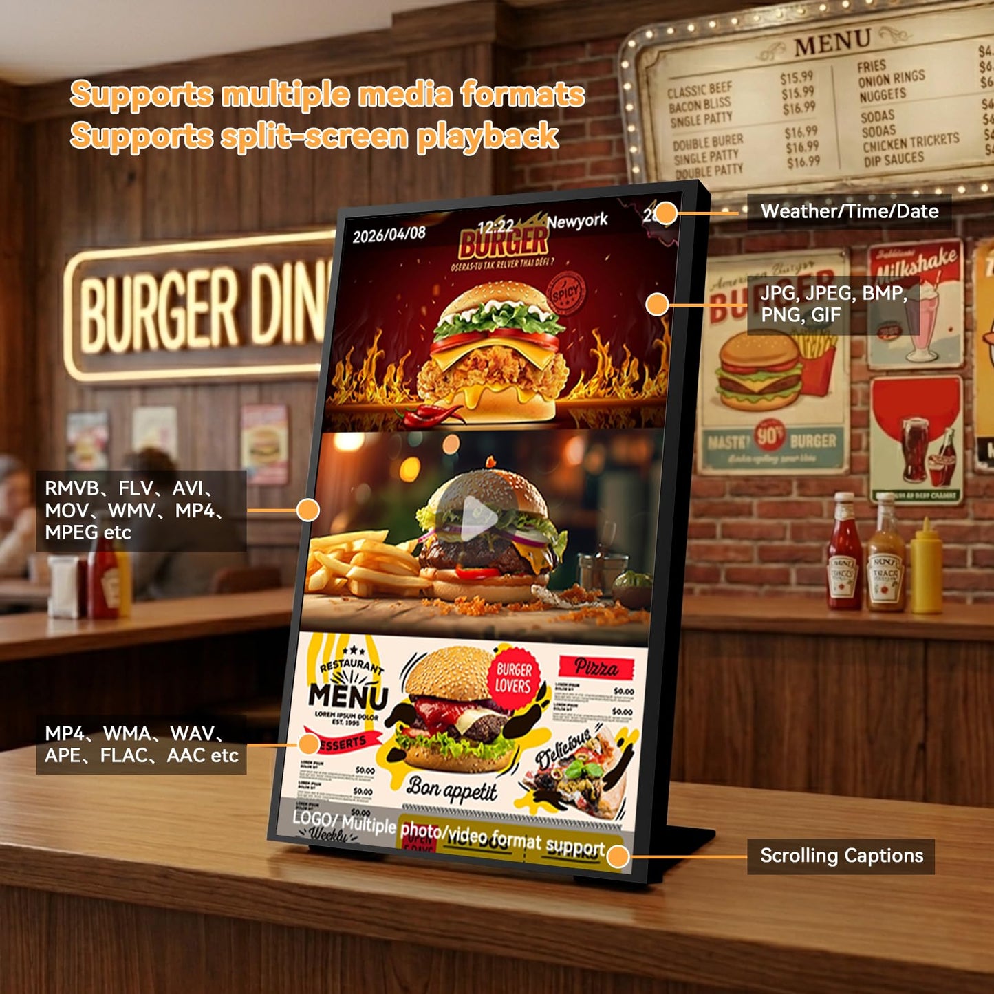 Canlarriz Digital Menu Board 18.5 Inch 700 Nits Ultra-Bright Android Display with Free Web Editor, Desktop Digital Signage for Stores, Restaurants & Commercial Use