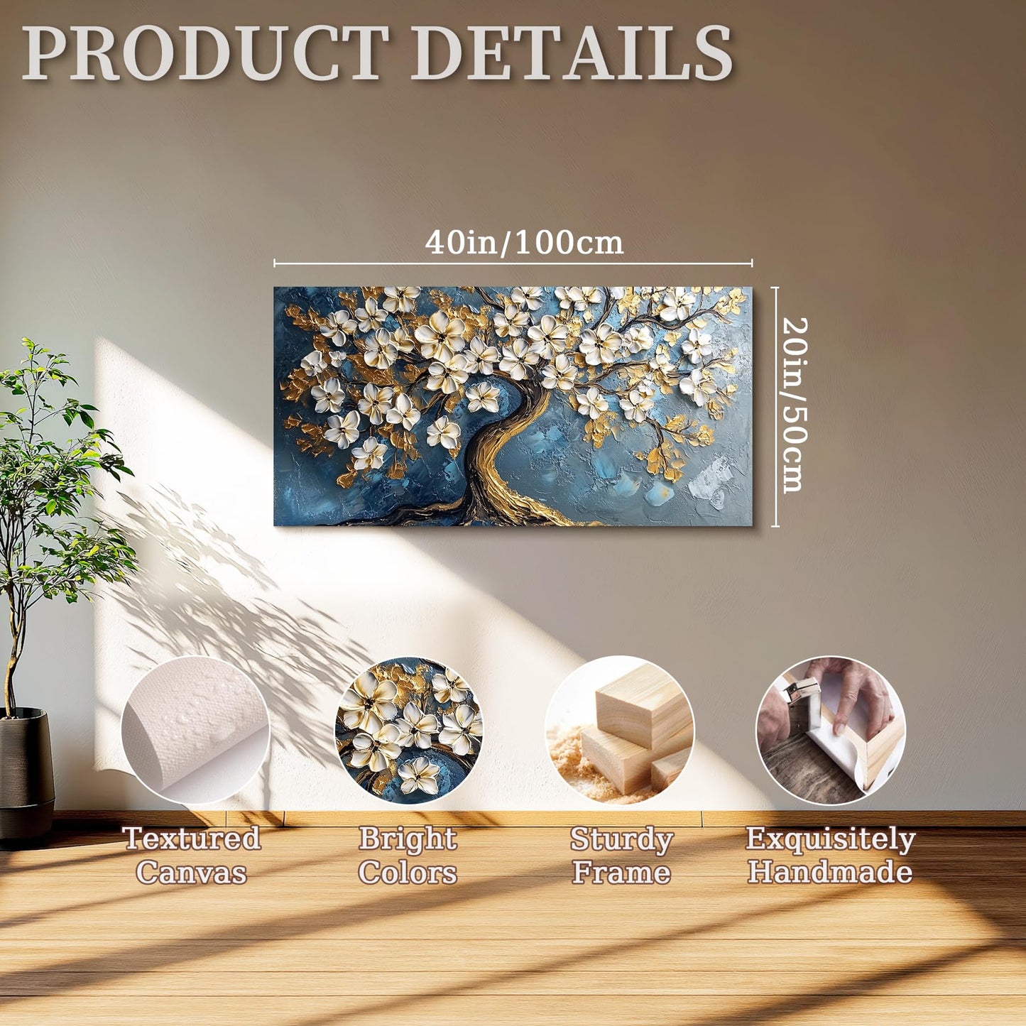 SERIMINO Tree of Life Large Canvas Wall Art, Abstract Gold Tree Modern Office Decorations, Nature White Floral Artwork for Walls, Navy Blue Pictures Wall Decor Living Room Bedroom Art Prints 20"X40"