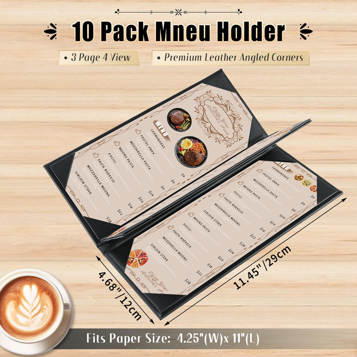 FLKQC Restaurant Menu Covers Holders 4.25" x 11" | Pack of 10 Synthetic Leather Triple Fold Panels 4 View Angled Corners Black for Wine List, Drinks (10, Triple Fold Panels 4 View (4.25 x 11 inch))