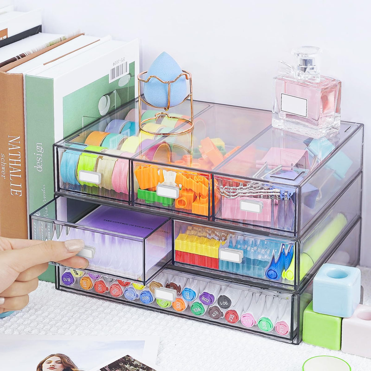 3 Tier Stackable Desk Organizer with 6 Drawers, YOCOMEY Plastic Desktop Storage Box Drawers, Detachable Makeup Storage Office Stationery Supplies Organizer for Office School(Clear)