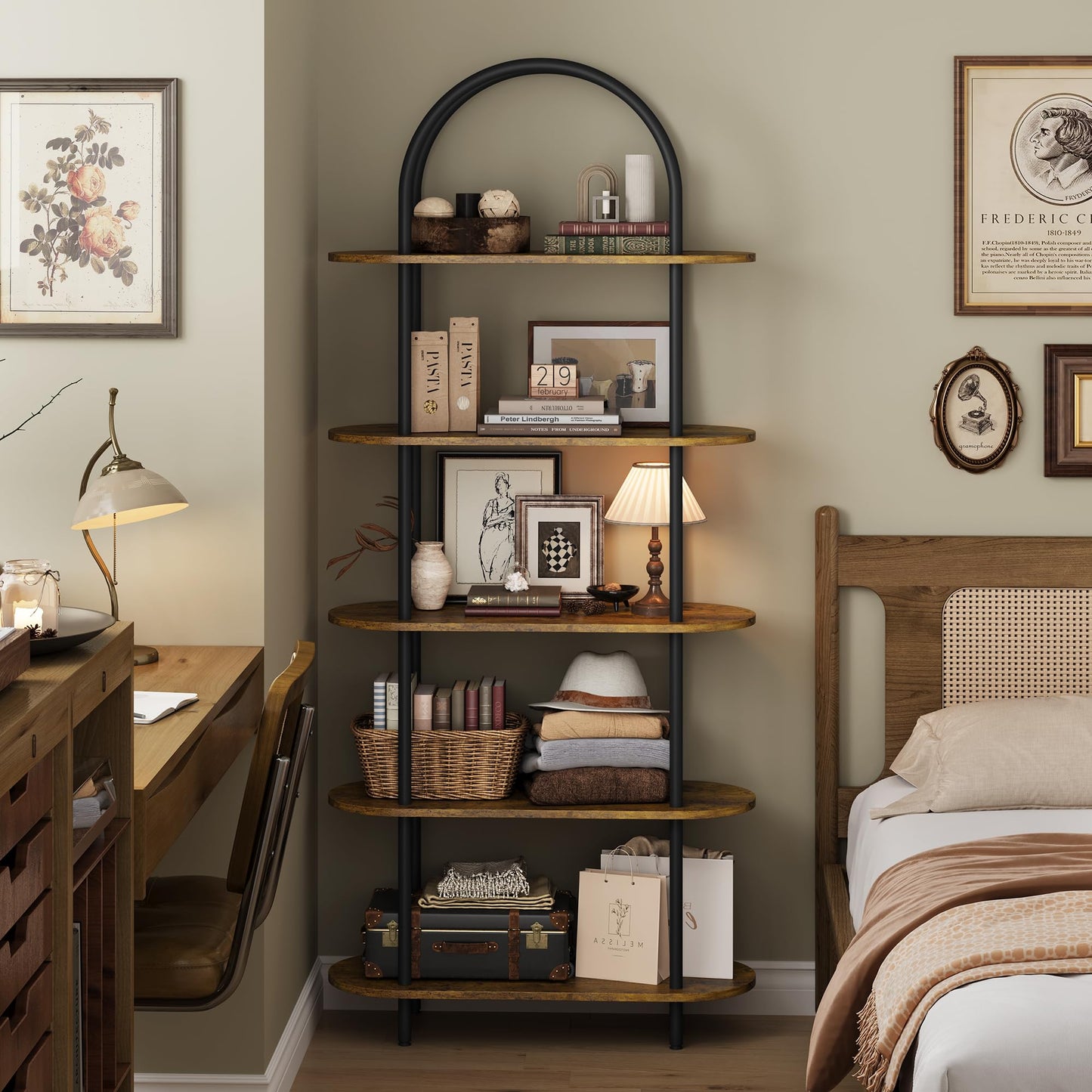MilleLoom 71" Arched Bookshelf, 5 Tier Freestanding Open Bookcase with Sturdy Metal Frame, Modern Display Rack and Plant Shelf for Bedroom, Living Room, Home Office, Black and Retro