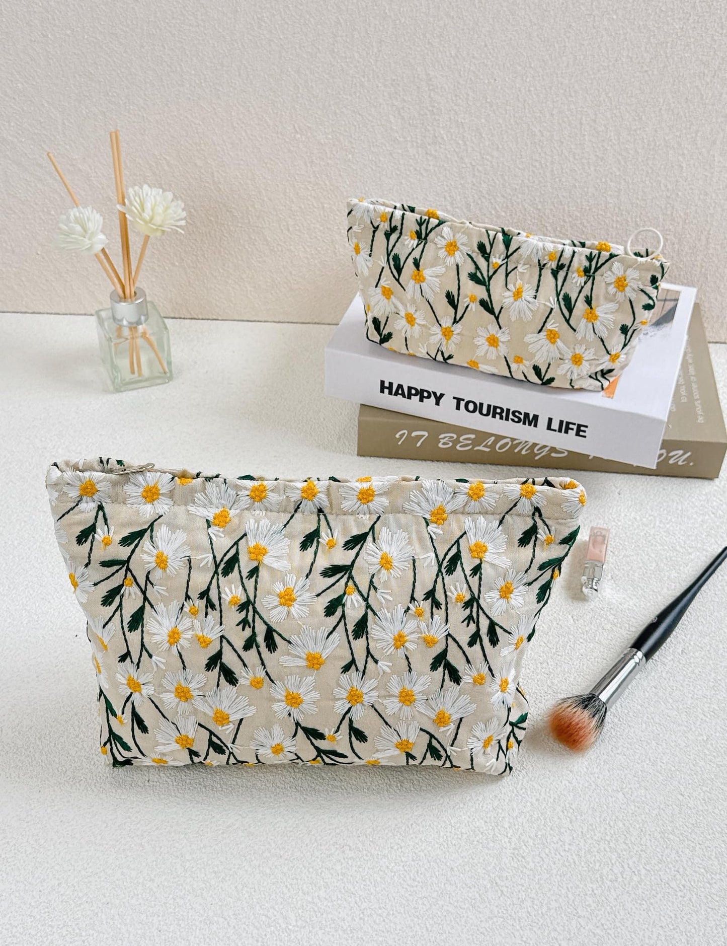 RIKMOXR 2 Pcs Makeup Bags, Large Cosmetic Bag Travel Toiletry Bag Organizer for Women, Embroidery Craft, Floral Makeup Bag Small Cosmetic Pouch Purse with Zipper Gifts for Girls Teen