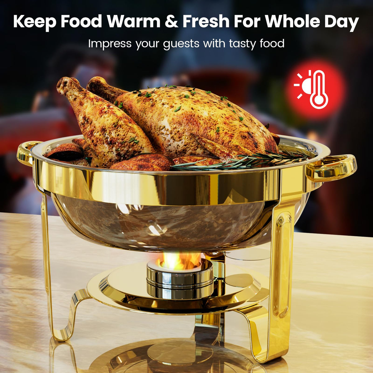 Round Chafing Dishes for Buffet 4 Pack, 6QT Chafers and Buffet Warmers Sets with 2 Heat-Proof Gloves, 4 Spoons, 4 Slotted Spoons & 4 Tongs, Gold Chafing Dishes for Buffet Parties Gatherings