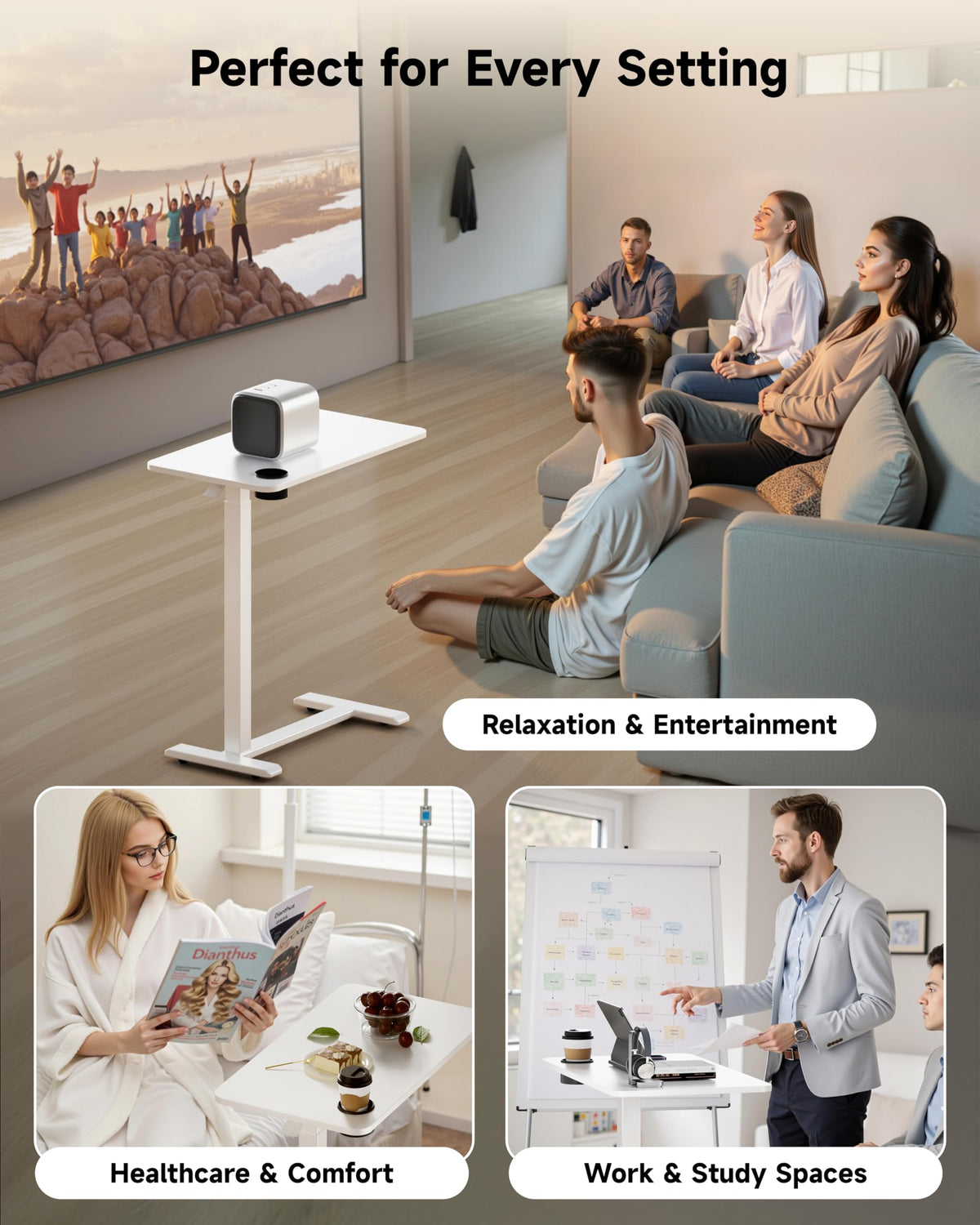 BIZUM Adjustable Bedside Table with Swivel Hidden Wheels Pneumatic Rolling Desk Mobile Standing Desk with Cup Holder for Hospital Home(27.6"x15.8" White)