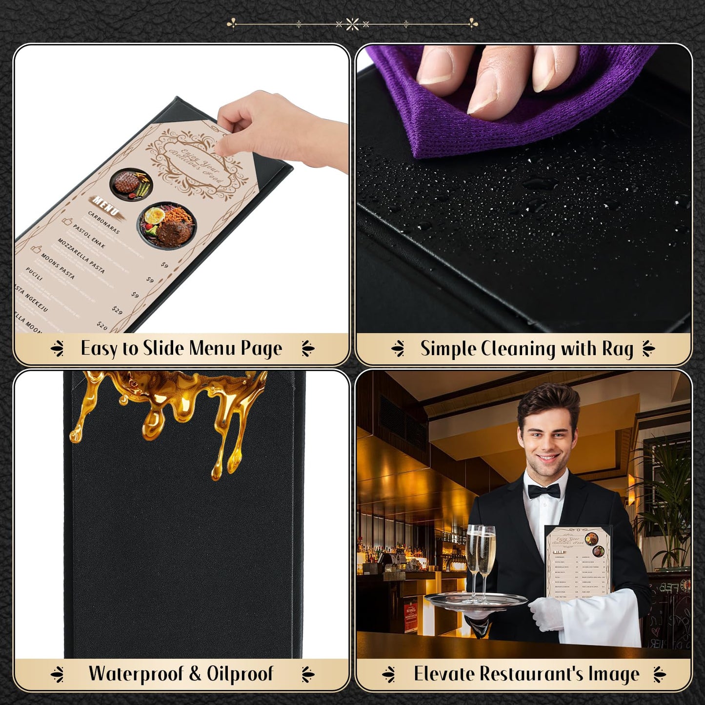 FLKQC Menu Covers 4.25" x 11" – 5 Pack 1 View Black PU Leather Restaurant Menu Holders, Single Panel with Angled Corners for Food Menus, Wine Lists & Drink Specials & Cocktail, Perfect for Parties