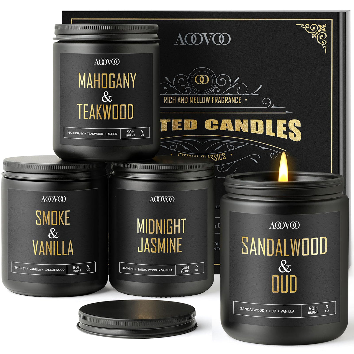 AOOVOO Scented Candles for Men - 4 Pack Candles for Home Scented, 36oz Soy Wax, 200 Hour Burn Time, Men Candle Set, Sandalwood Oud/Mahogany Teakwood/Smoke Vanilla/Jasmine Candle Set A