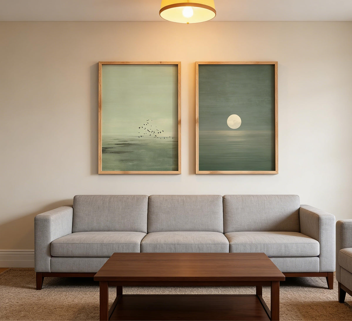 Framed Minimalist Sunset Wall Art Green Ocean Landscape Wall Decor Scandinavian Zen Painting Picture Abstract Landscape Poster Prints Artwork for Bedroom Living Room Office Meditation Room
