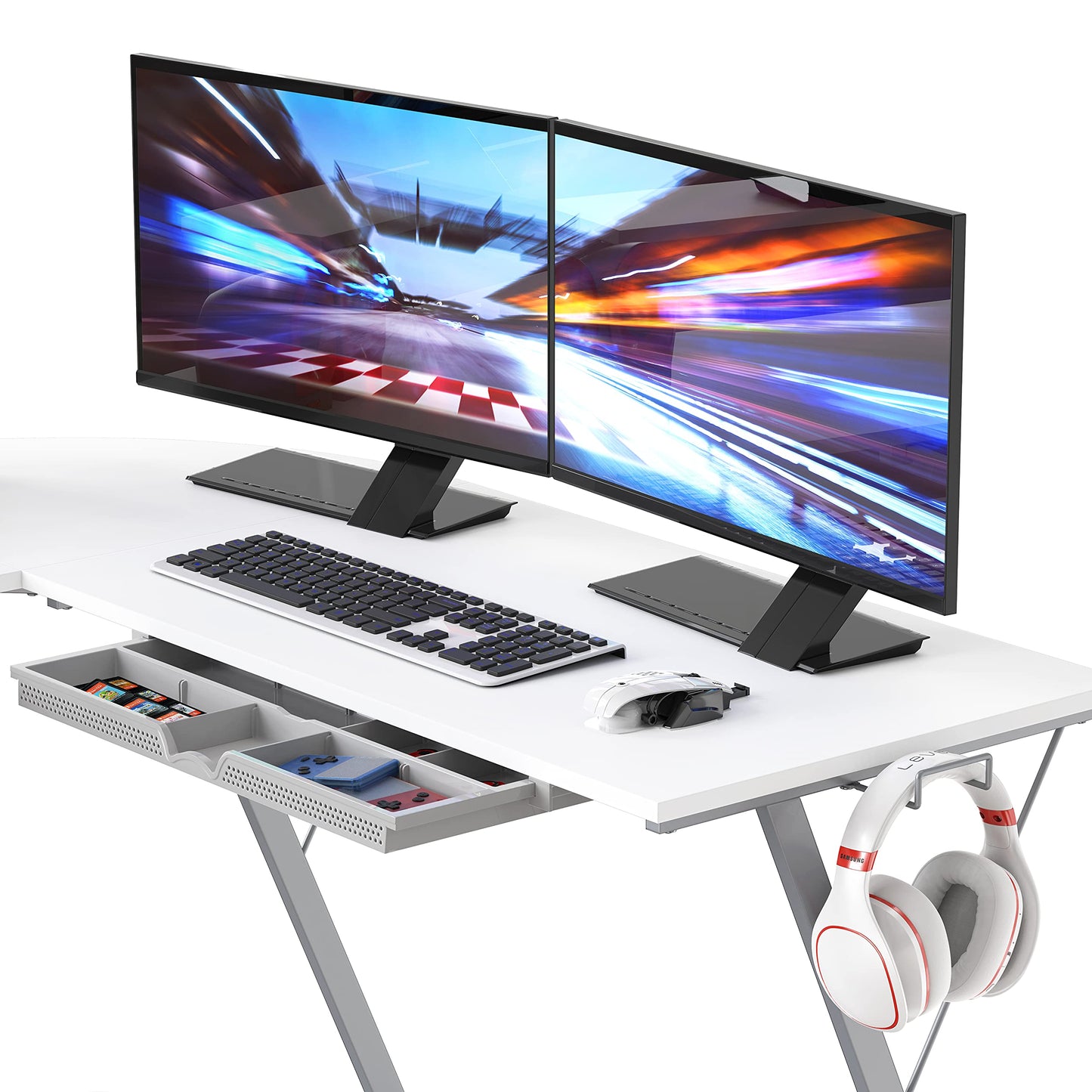 SHW 51 x 51 Inches Vista L-Shaped Desk with Monitor Stand and Drawer, White