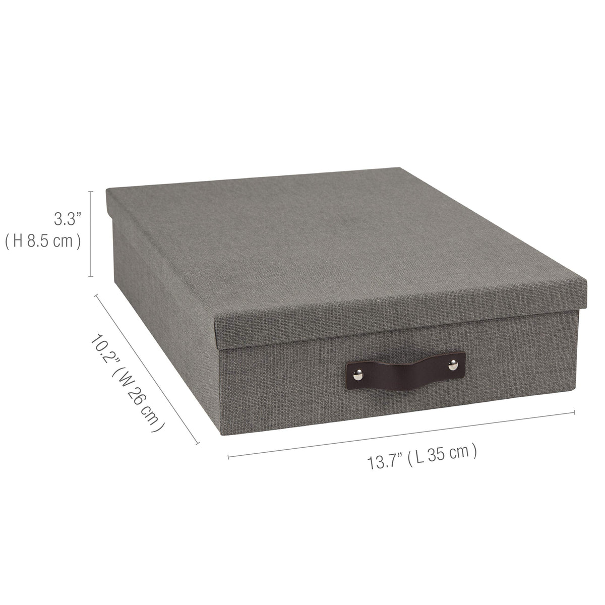 Bigso Oskar Canvas Fiberboard Document Letter Box - File Organizer Box for Important Paperwork - Document Storage with a Lid & Leather Handle - 3.3 in x 10.2 in x 13.8 in - Gray