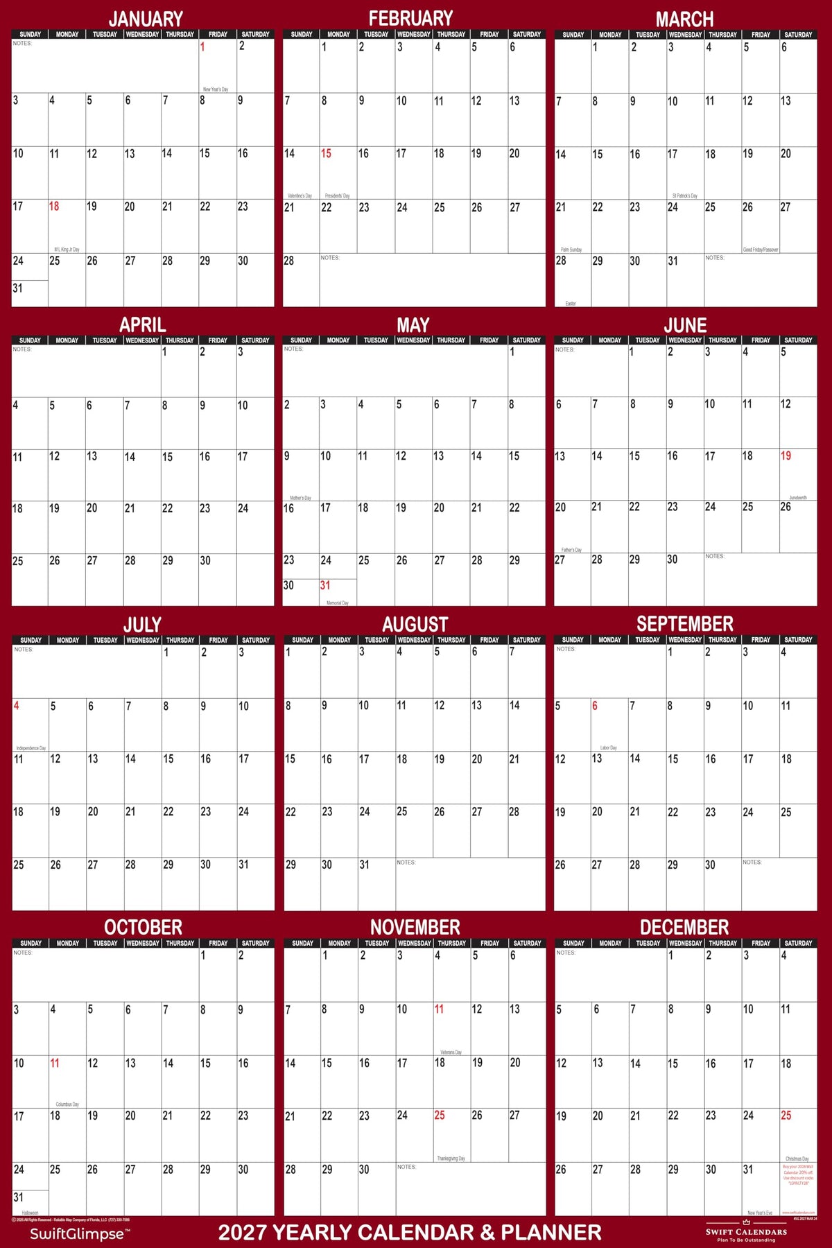 32" x 48" SwiftGlimpse 2027 Wall Calendar Erasable Large Wet & Dry Erase Laminated 12 Month Annual Yearly Wall Planner, Reversible, Horizontal/Vertical, Burgundy