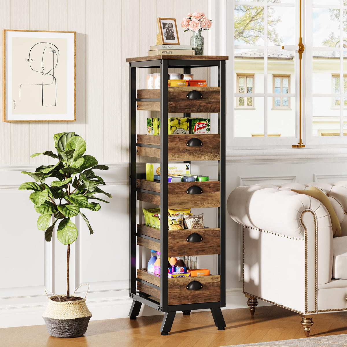 Tribesigns Wood Fruit and Vegetable Storage Rack, 5-Tier Narrow Snack Stand Kitchen Stand Fruit Basket, Pull-Out Utility Organizer for Kitchen, Living Room, Rustic Brown