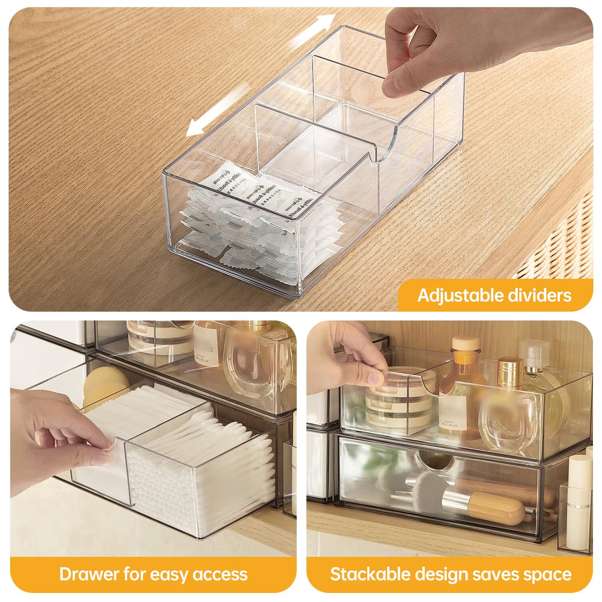 PAVSTINE Medicine Cabinet Organizer 3 Pack, Plastic Stackable Storage with 2 Drawers, Bathroom Mirror Cabinet Organizer with Removable Dividers for Wall Cabinet, Vanity, Countertop, Clear