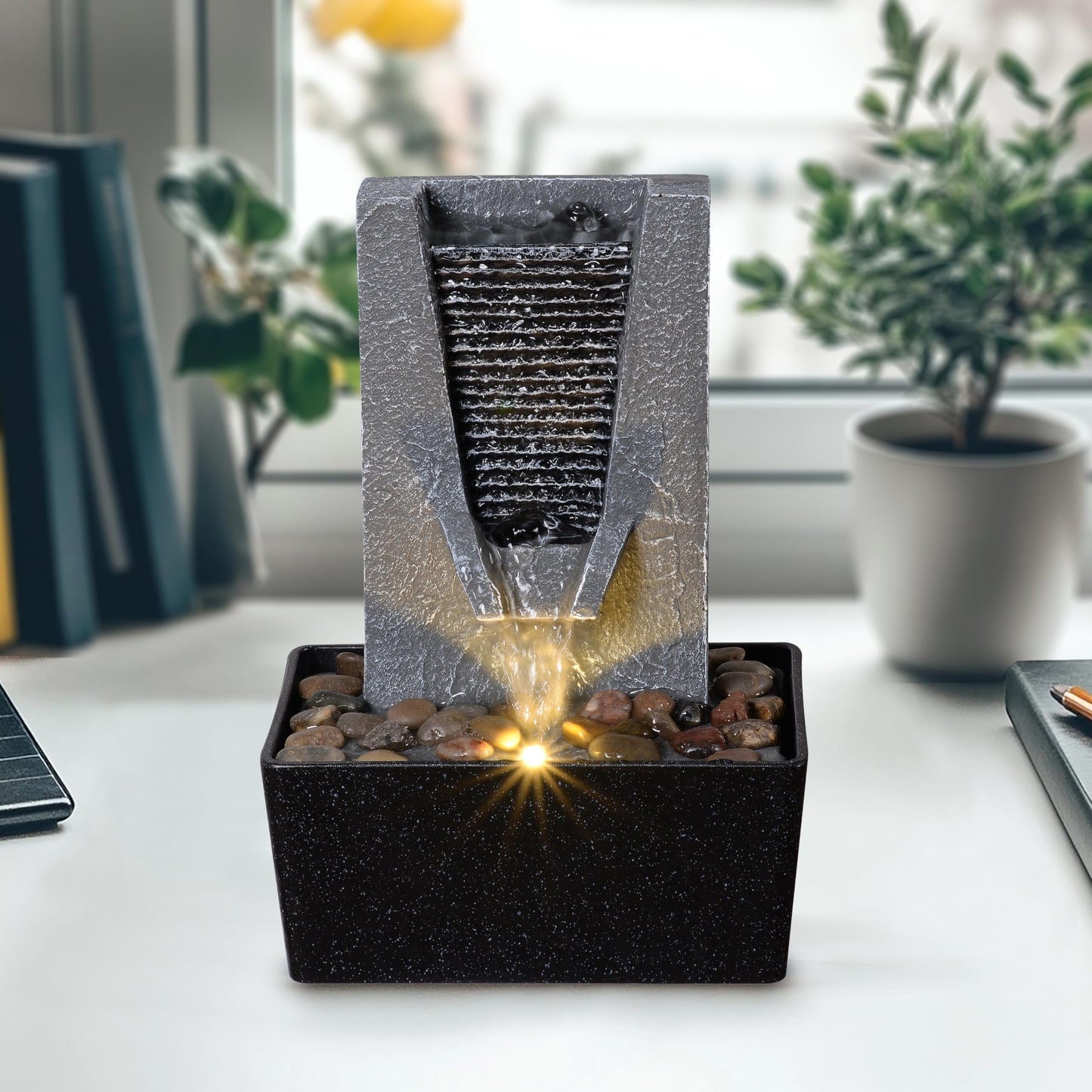 Zen Tabletop Indoor Water Fountain - Indoor Waterfall with LED Light, Relaxing Water Sounds for Office Desk Decor, Home Meditation & Stress Relief, Ideal Relaxation Gift for Women/Men