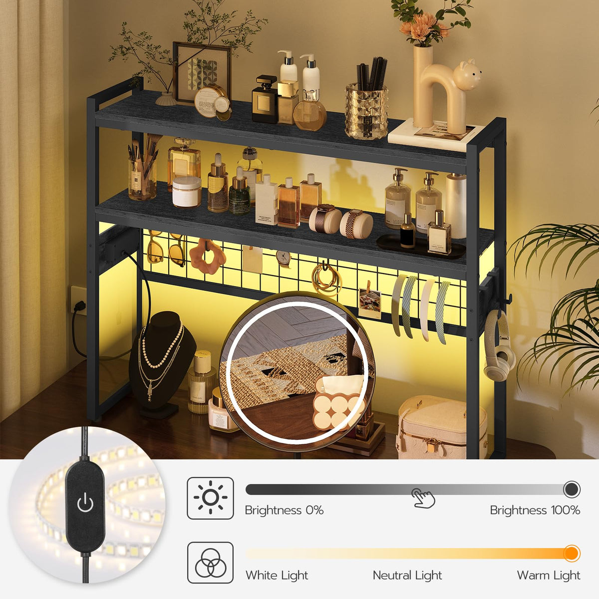 HOOBRO Desktop Bookcase, 2-Tier Desktop Organizer, 37.4" Wooden Office Storage Rack with Outlets, Display Shelf Rack with Light Strip, Desk Hutch for Office, Black BB13UDSJ01