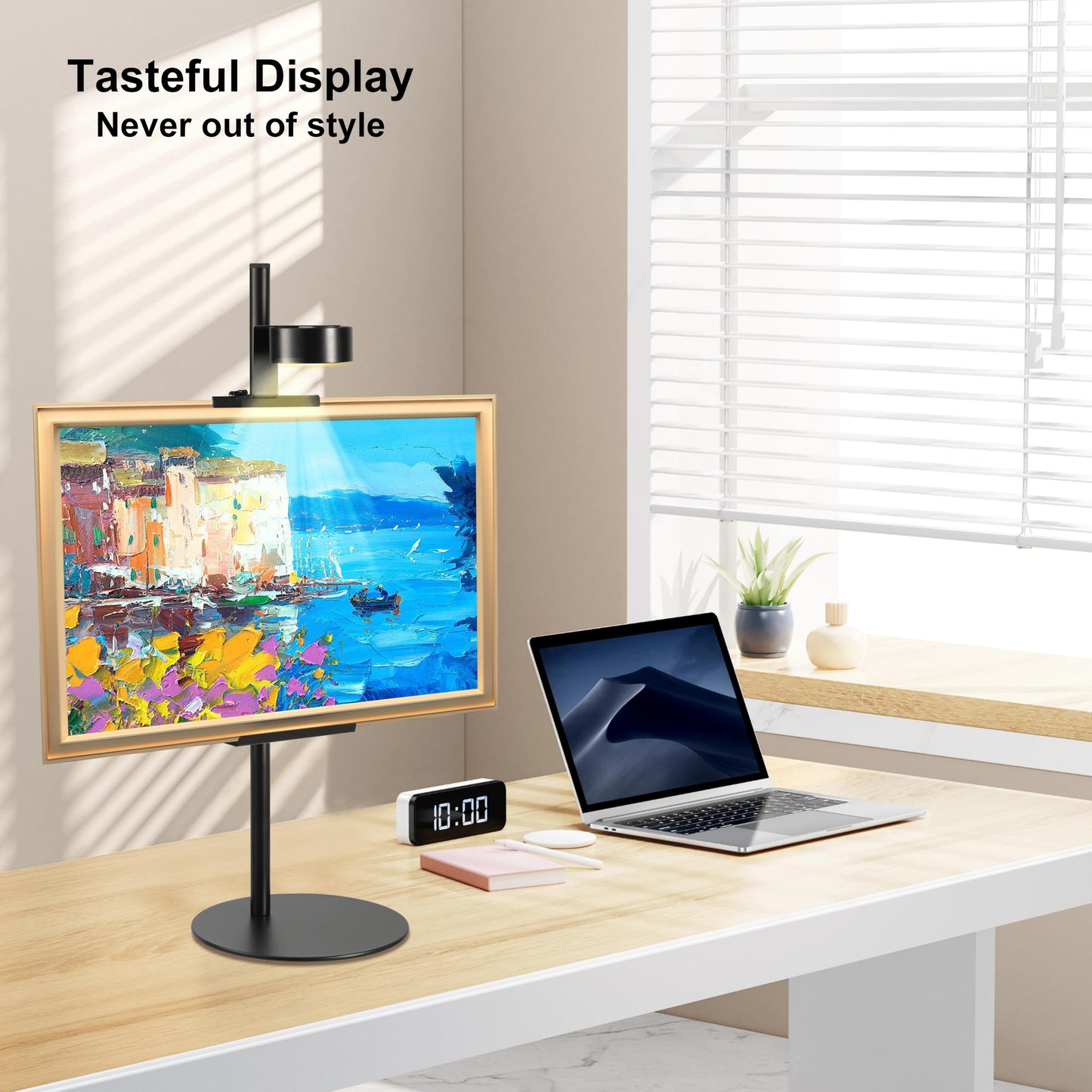 Adjustable Desktop Photo Frame Stand with Magnetic Wall Painting Light, Holds Picture Frames up to 30 Inch,with Rechargeable Battery,Metal Vertical Stand with 3 Color Temperature & 13RGB Poster Lights, for Displaying Picture Frames, Artworks (1 Pack,Black