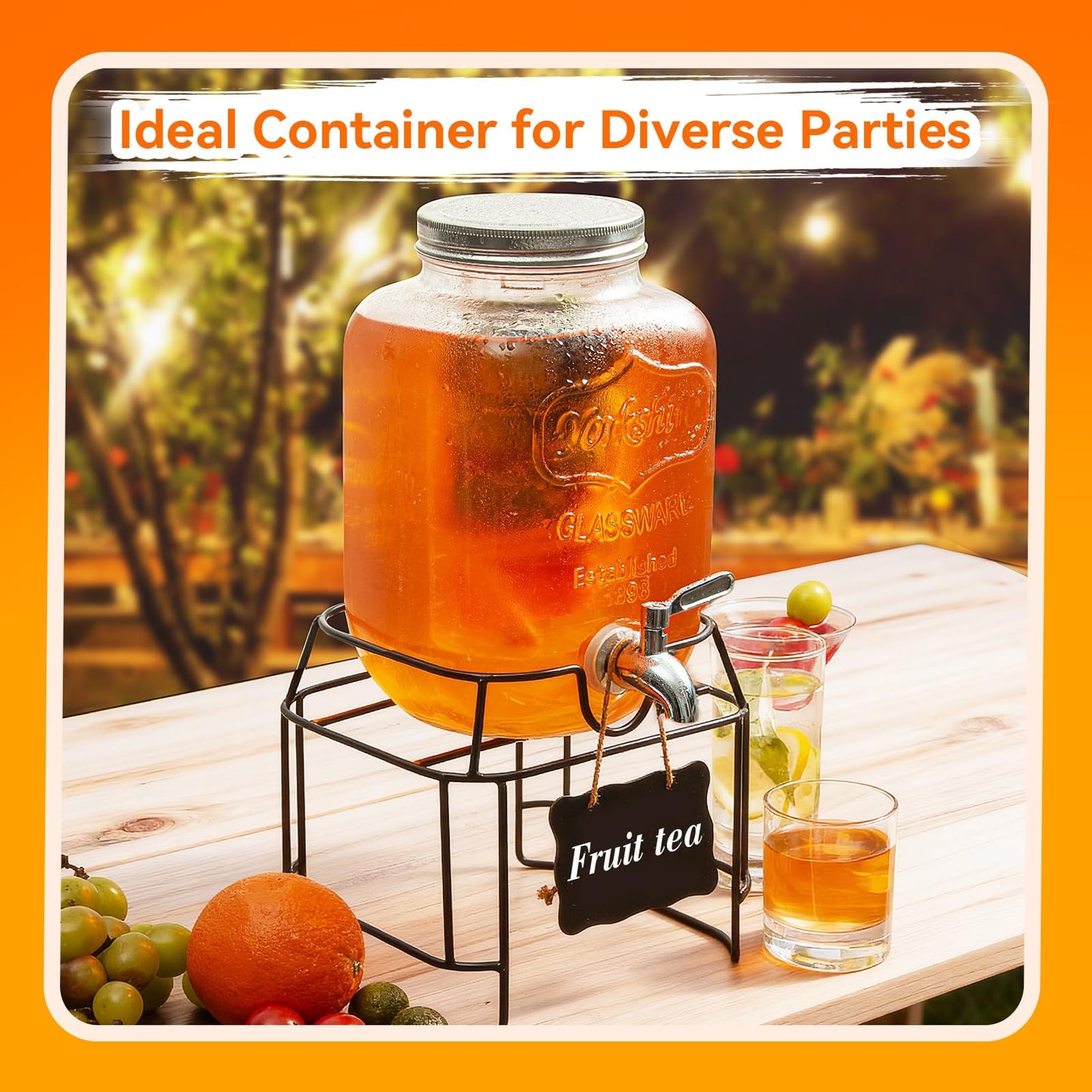 1-Gallon Glass Drink Dispenser for Parties - Beverage Dispenser with Stand and Stainless Steel Spigot | Lemonade, Sun Tea, Kombucha Jar