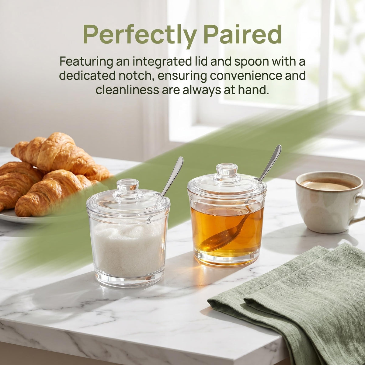ZEAYEA Set of 2 Clear Glass Sugar Bowl, 6 Ounce Seasoning Box Condiment Pots with Spoon and Lid, Sugar Spice Salt Canister for Home Kitchen, Coffee Bar, Restaurant