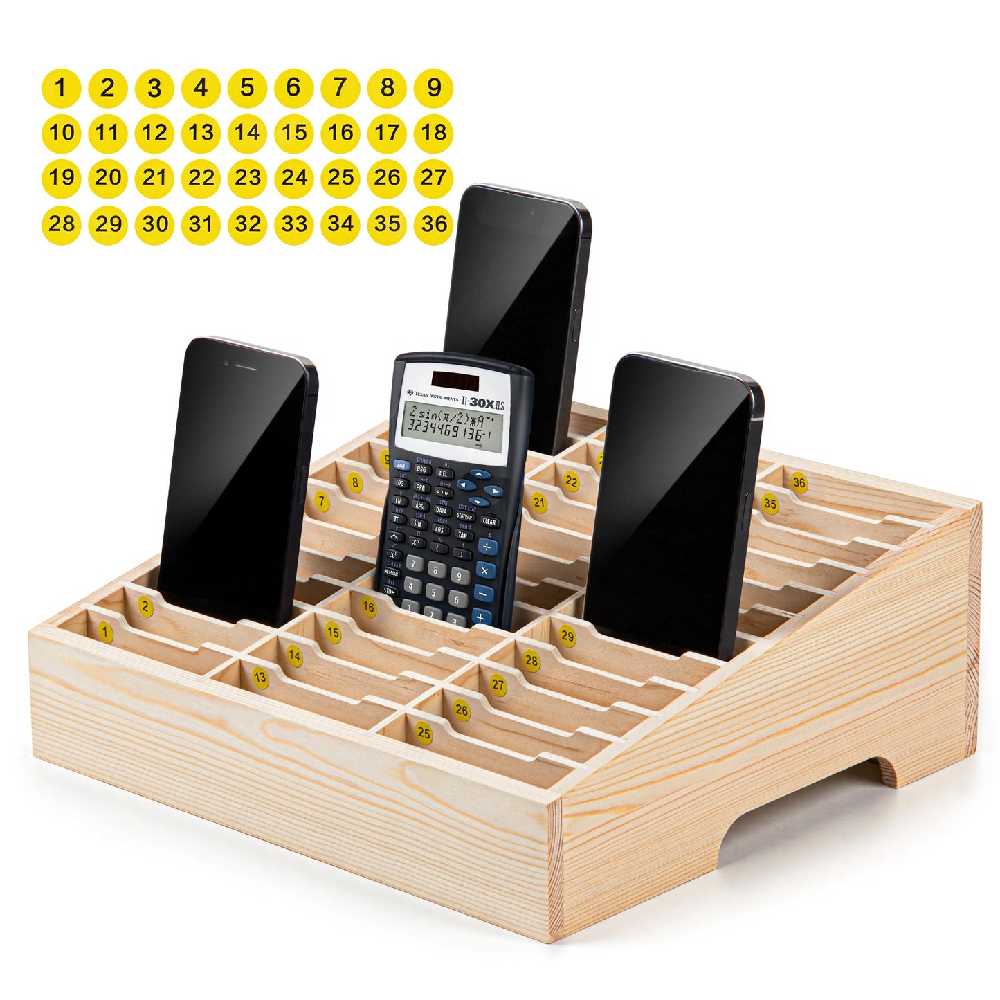 Classroom Cell Phone Holder, Fully Assembled 36 Grid Cellphone Storage Box for Student Management, Wooden Calculator Organizer Caddy for School Office