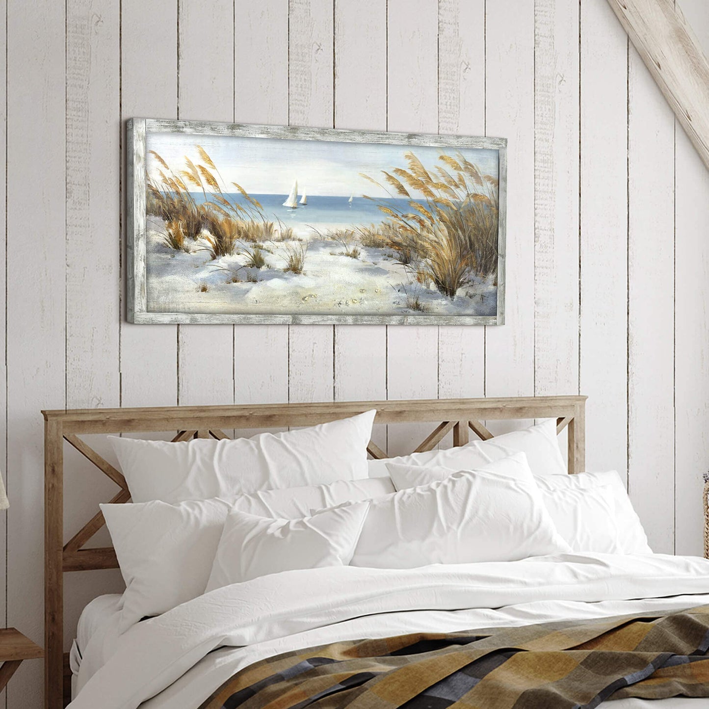 Beach Framed Wooden Wall Art: Coastal Oil Painting Style 40"x20" Ocean Pictures Seascape Art Prints Sand Dunes & Sailboat Artwork for Office