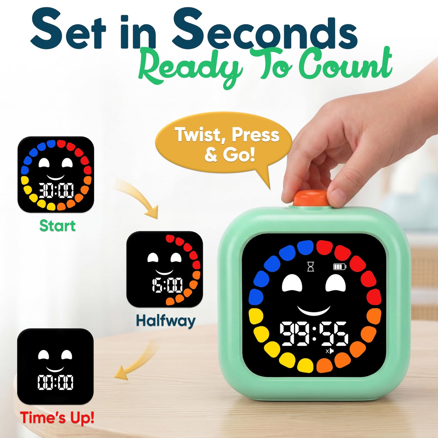 Digital Visual Timer for Kids - Rechargeable, Silent Count Up/Down for Calmer Routines - 99 Min Countdown Kids Timer for Classroom, Home & Therapy - Builds Focus & Independence