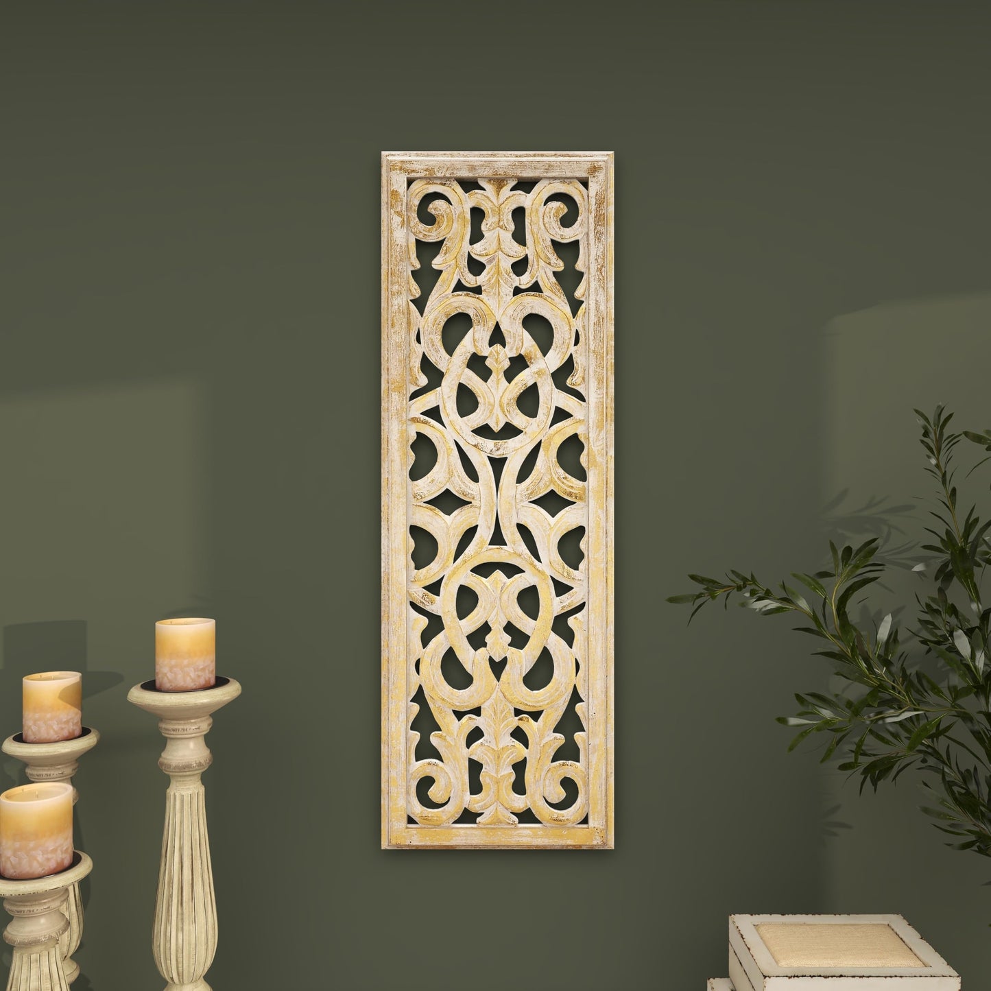 Deco 79 Wooden Floral Handmade Home Wall Decor Intricately Carved Arabesque Wall Sculpture, Wall Art 12" x 1" x 36", Gold