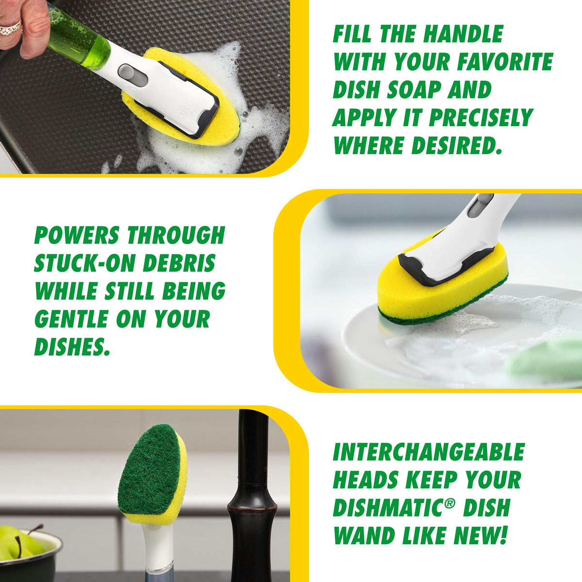 Libman Dishmatic I-Stand Dish Wand Kit, Kitchen Cleaning Scrub Brush with Handle and Soap Dispenser for Scrubbing and Washing Dishes, Refillable Standing Dispensing Scrubber Brushes, 3 Sponge Refills