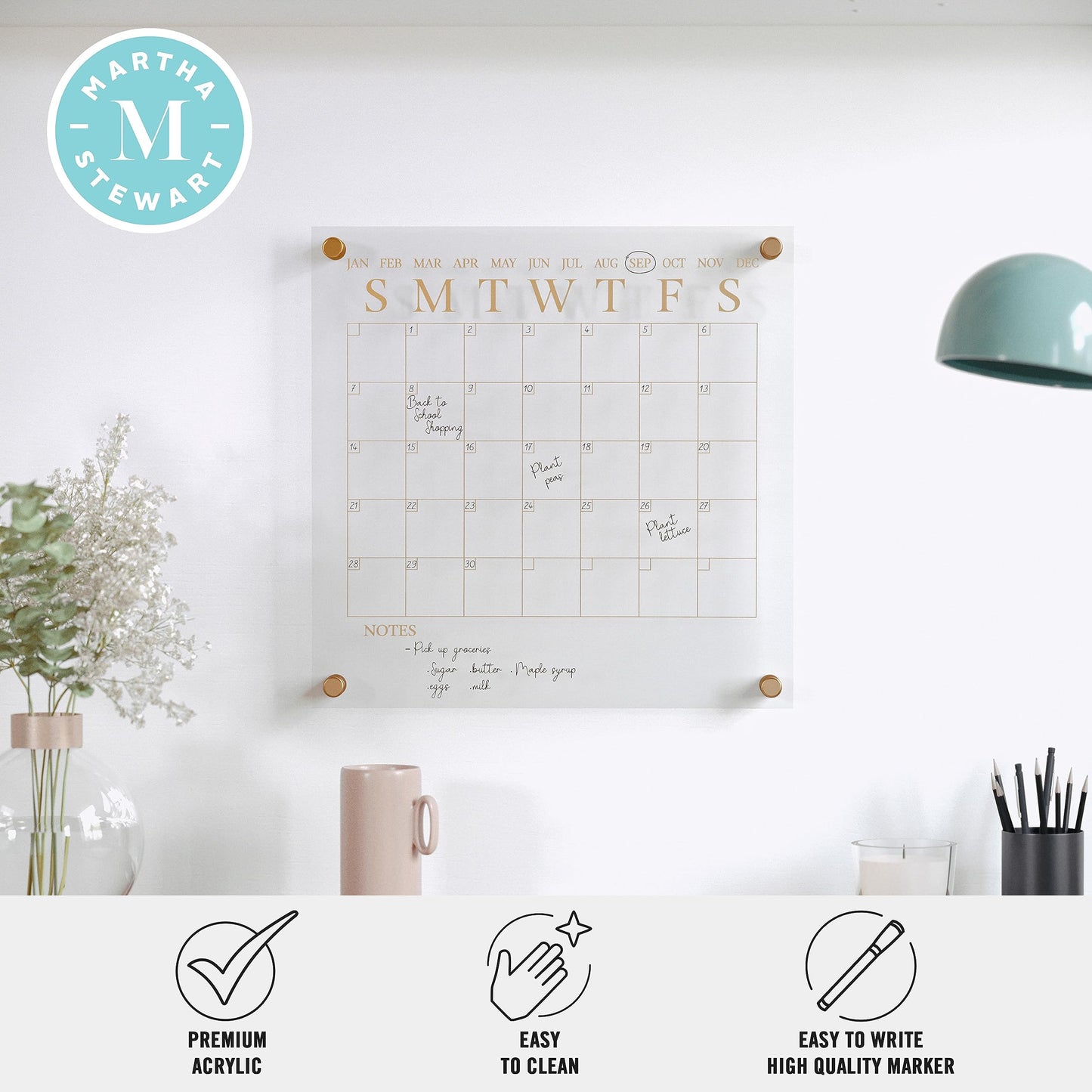 Martha Stewart Grayson Acrylic Dry Erase Wall Calendar with Dry Erase Marker, 14" Square, Clear with Gold Print