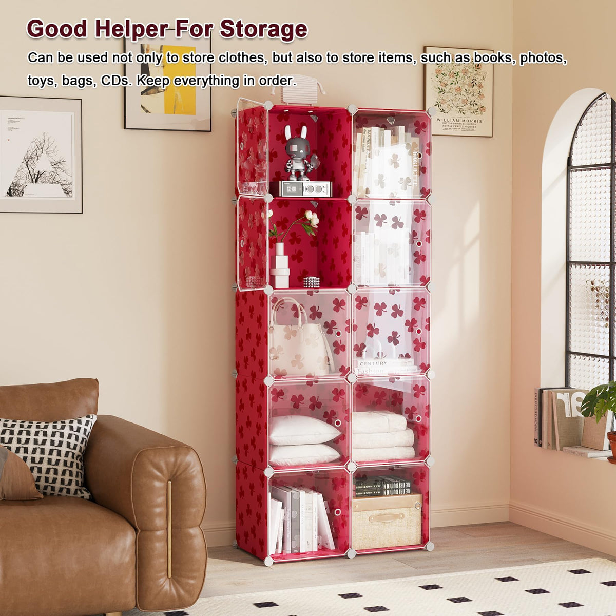 C&AHOME Cube Storage Organizer with Doors, 10-Cube Shelves, DIY Plastic Modular Bookshelf, Closet Clothes Storage Shelving Ideal for Bedroom, Living Room, Clover Embossed, Red