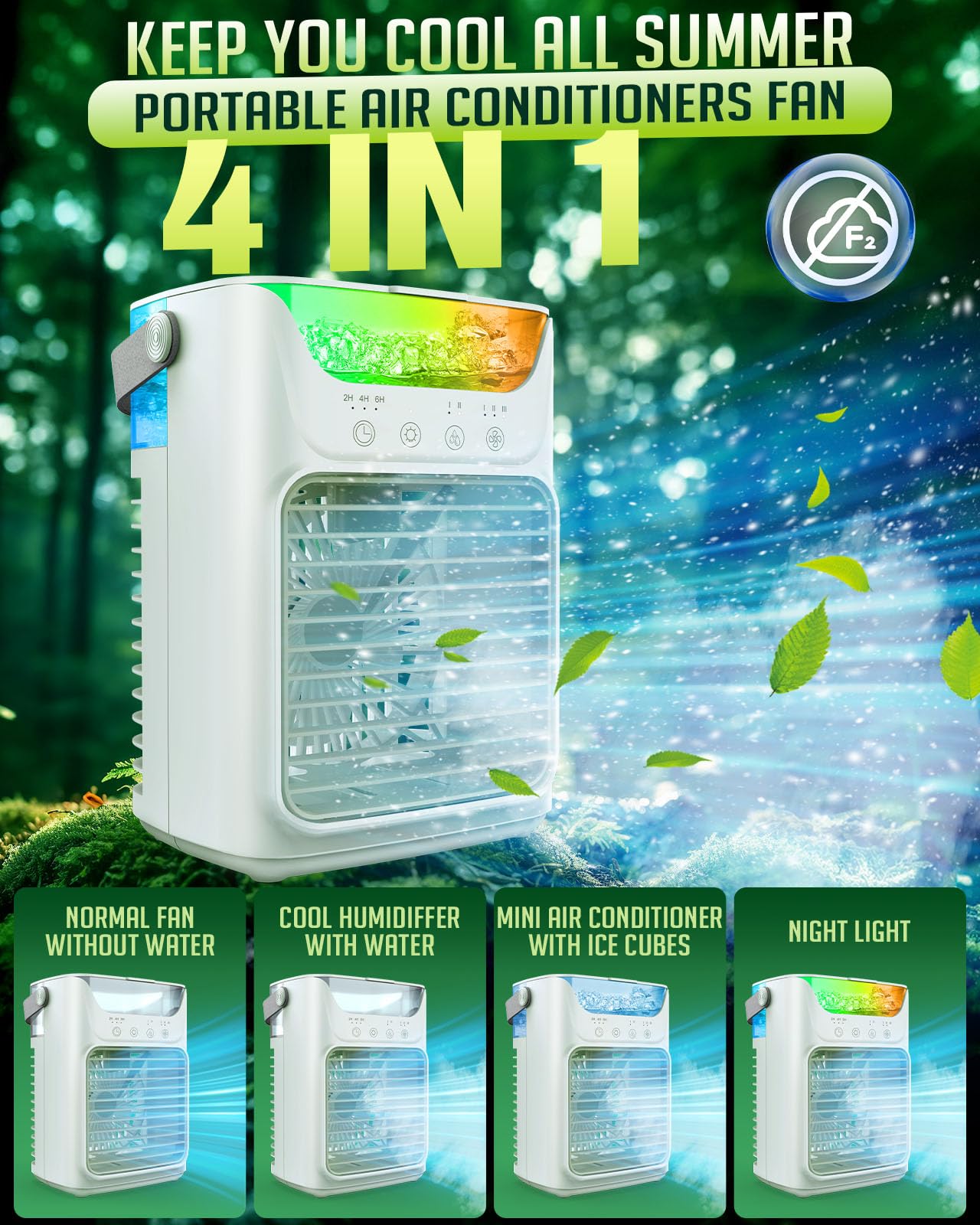 Portable Air Conditioners, 3 Wind Speeds & 7 LED Lights Evaporative Personal Air Cooler, 4 in 1 Portable AC with 650 mL Large Water Tank, Mini Air Conditioner for Bedroom/Car/Home/Camping/Room