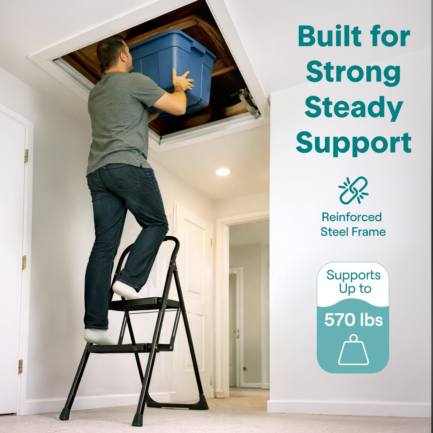 SereneLife 2-Step Ladder, Folding Step Stool for Adults, Wide Anti-Slip Pedal and Handrail, Sturdy Steel Build, 570 lbs Capacity, Portable Step Stool Ladder for Home and Office Use (Black)