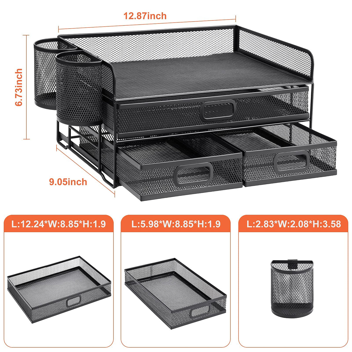 Marbrasse 3 Tier Mesh Desk Organizer with Drawer, Multi-Functional Desk Organizers and Accessories, Paper Letter Organizer with 2 Pen Holder for Home Office Supplies (Black)