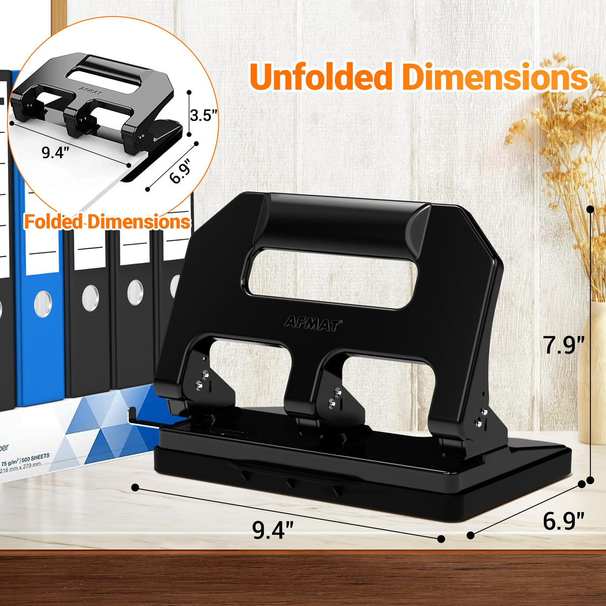 AFMAT HPX1 Heavy Duty 3 Hole Punch, 3 Hole Puncher for Binder, 40-Sheet Three Hole Punch w/ 10000+ Uses, Metal Hole Puncher 3 Ring, 50% Reduced Effort, Bulit-in S.S. Paper Guide (Black)