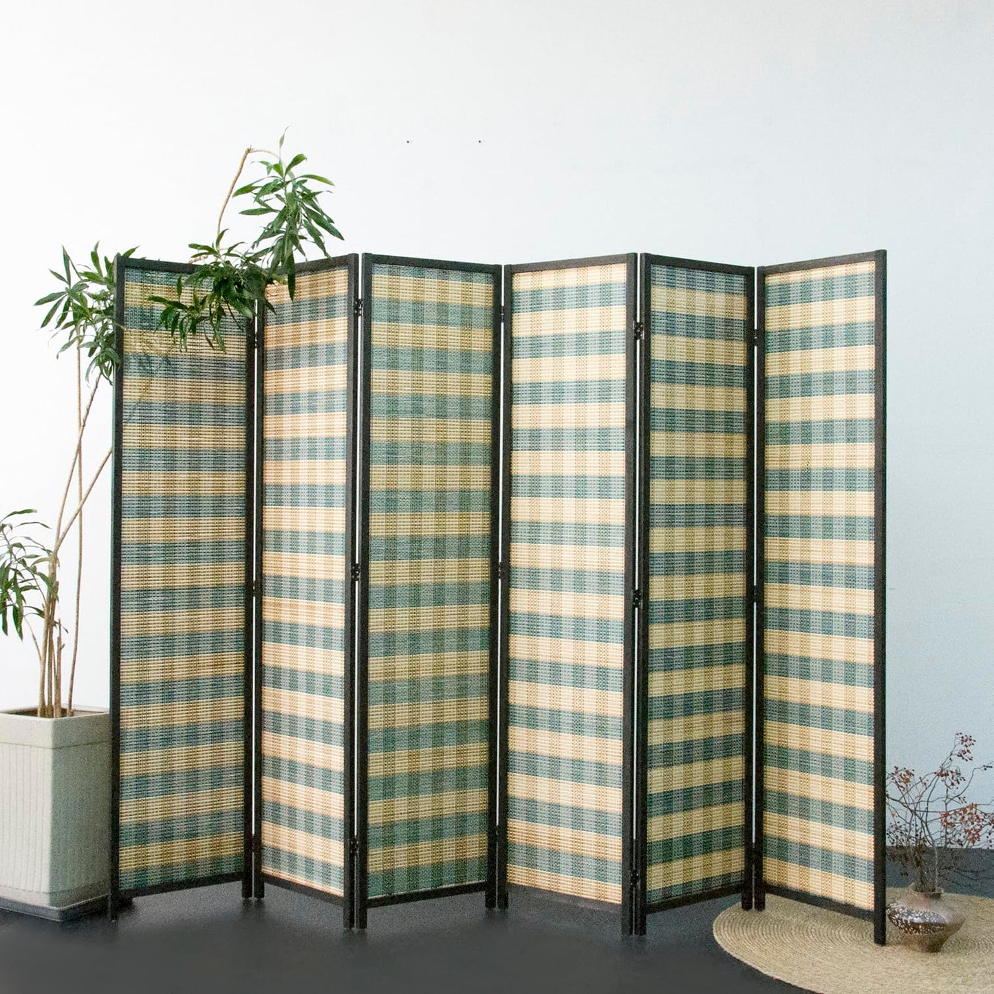 Furnnylane 6 Panel Bamboo Room Divider - 5.6 ft Tall (67" H x 94.5" W), Double-Sided Folding Privacy Screen in Blue Woven Stripe, No-Drill Freestanding Partition for Home Office & Bedroom