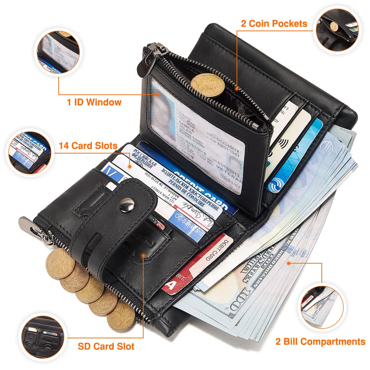 Wallet with Chain,Genuine Leather Purse RFID Blocking Bifold Double Zipper Coin Pocket with Anti-Theft Chain, Pickpocket Proof Chain Wallets for Men (Black)