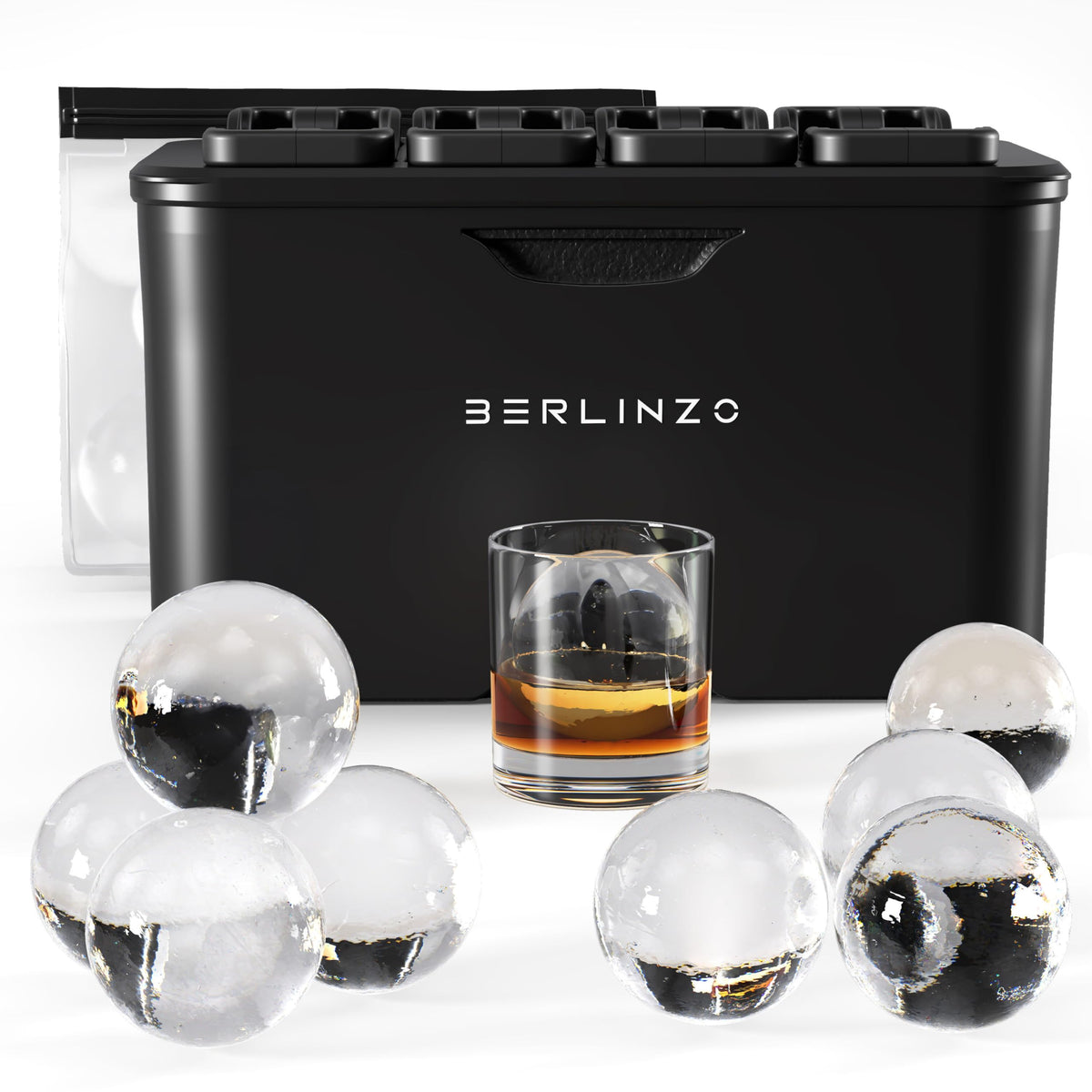 Berlinzo Premium Clear Ice Ball Maker Mold - 8 Large 2.4" Crystal Clear Ice Balls for Whiskey, Cocktails & Bourbon - Easy-to-Remove Mold for Ice Spheres - XL Storage Bag Included (Non-Electric)