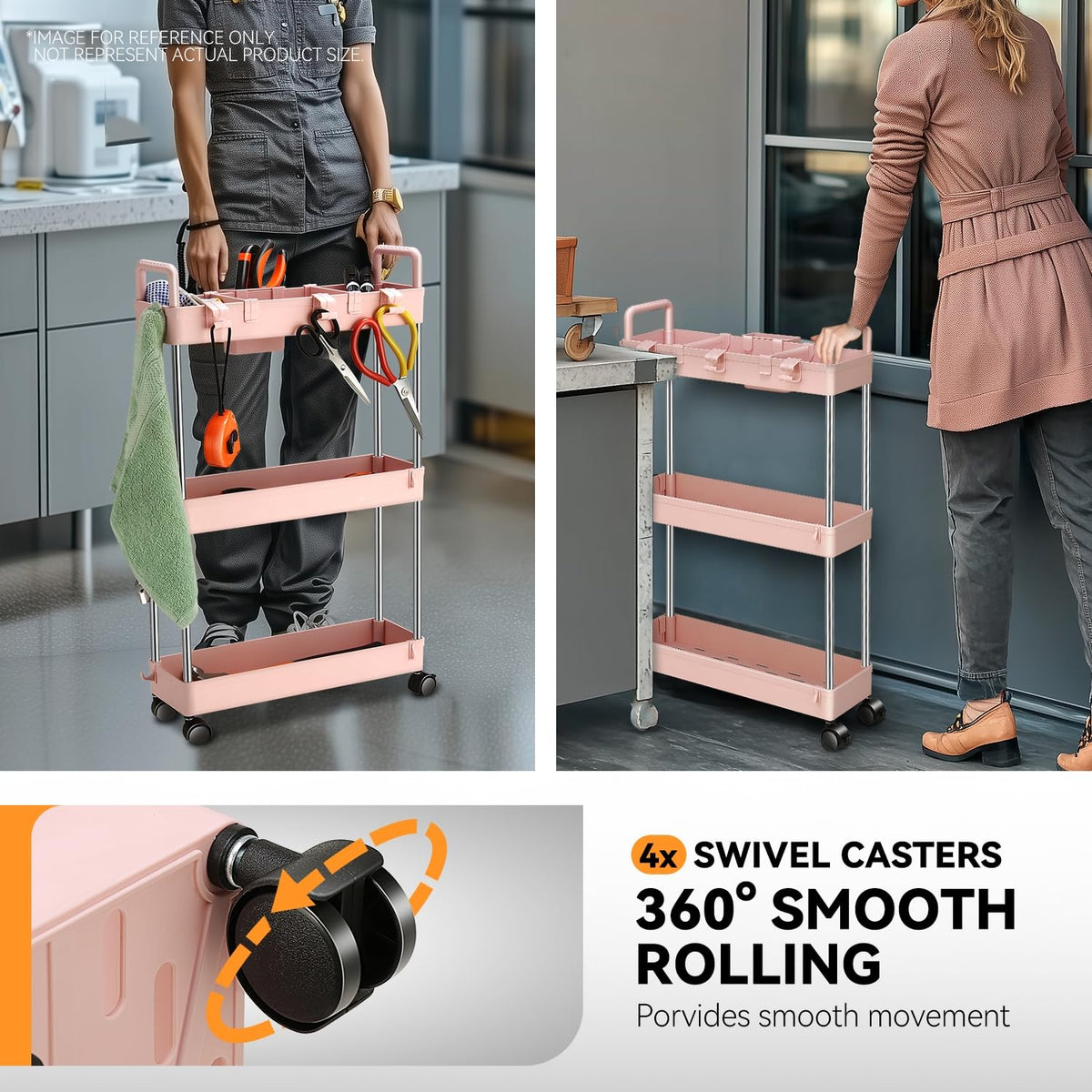 Auto Dynasty 3 Tier Slim Rolling Cart with Handle, Multifunction Utility Storage Rolling Cart, Movable Storage Organizer with Wheels for Office, Bathroom, Kitchen, Narrow Places (Pink)