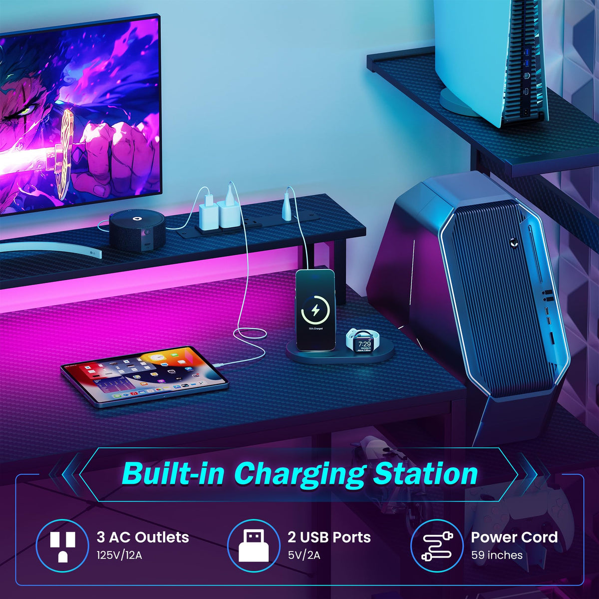 51 Inch Gaming Desk with LED Lights and Power Outlets, Computer Desk with Storage Shelves, Fabric Drawers, Monitor Stand & Side Hook, Reversible Gamer Table for Home Office, Carbon Fiber Black