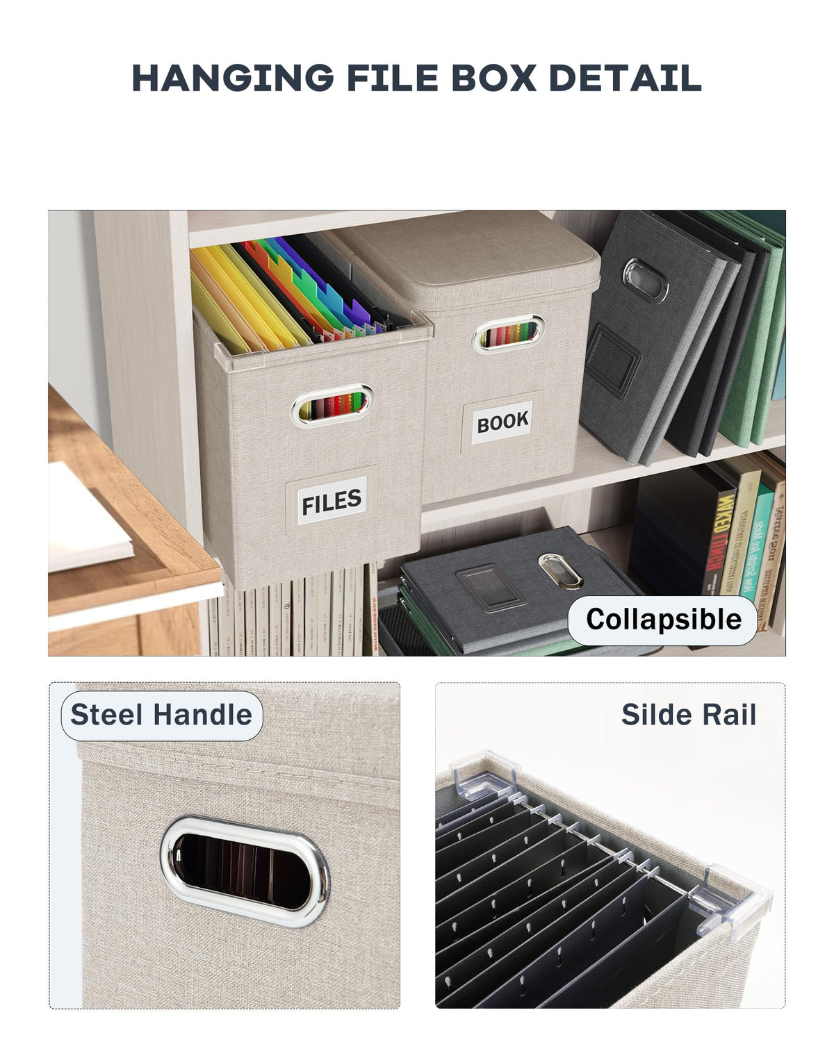Oterri File Organizer Box with Lid, Hanging Filing File Box with Mesh Pocket, Document Organizer Box for Letter Files, Portable Storage Box with Smooth Sliding Rail for Office&Home (1 PCS, Beige)