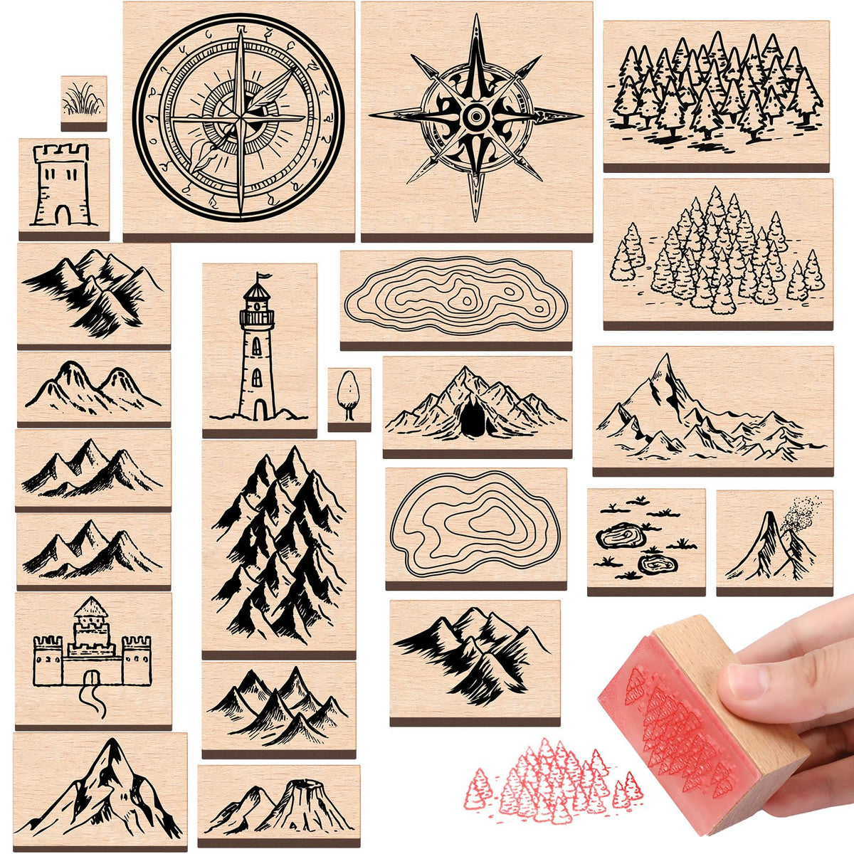 Marspark 24 Pcs Compass Mountains Stamp Combo Map Making Rubber Stamp Kit Compass Outdoor Scenery Stamps for RPG Adventures, Storytelling, and Creative Projects
